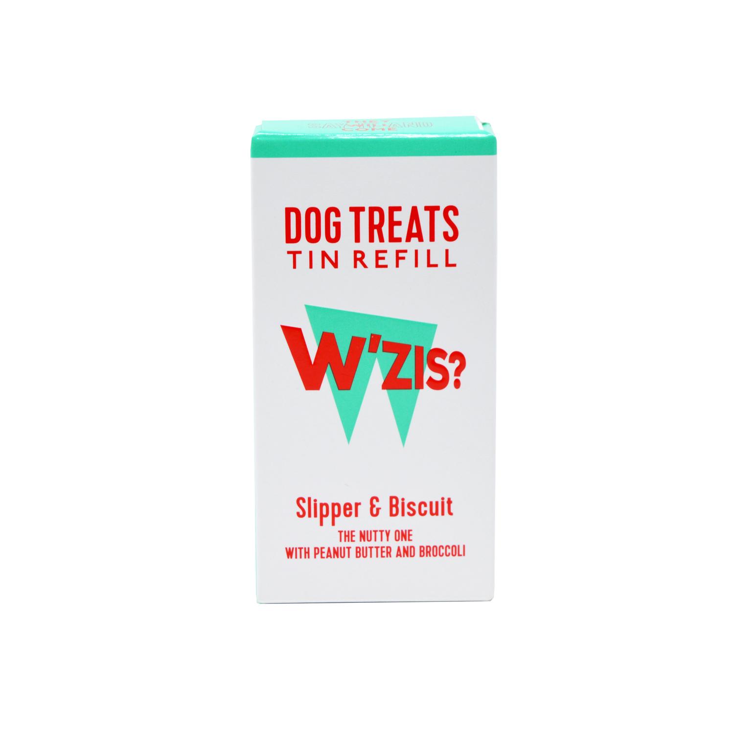 Front of a refill box of W'ZIS? Slipper and Biscuit Vegan Dog Treats