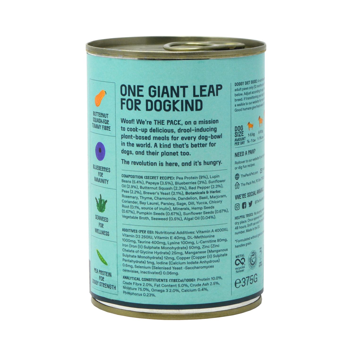 Back of a can of The Pack No-Fishy Dishy Vegan Dog Food