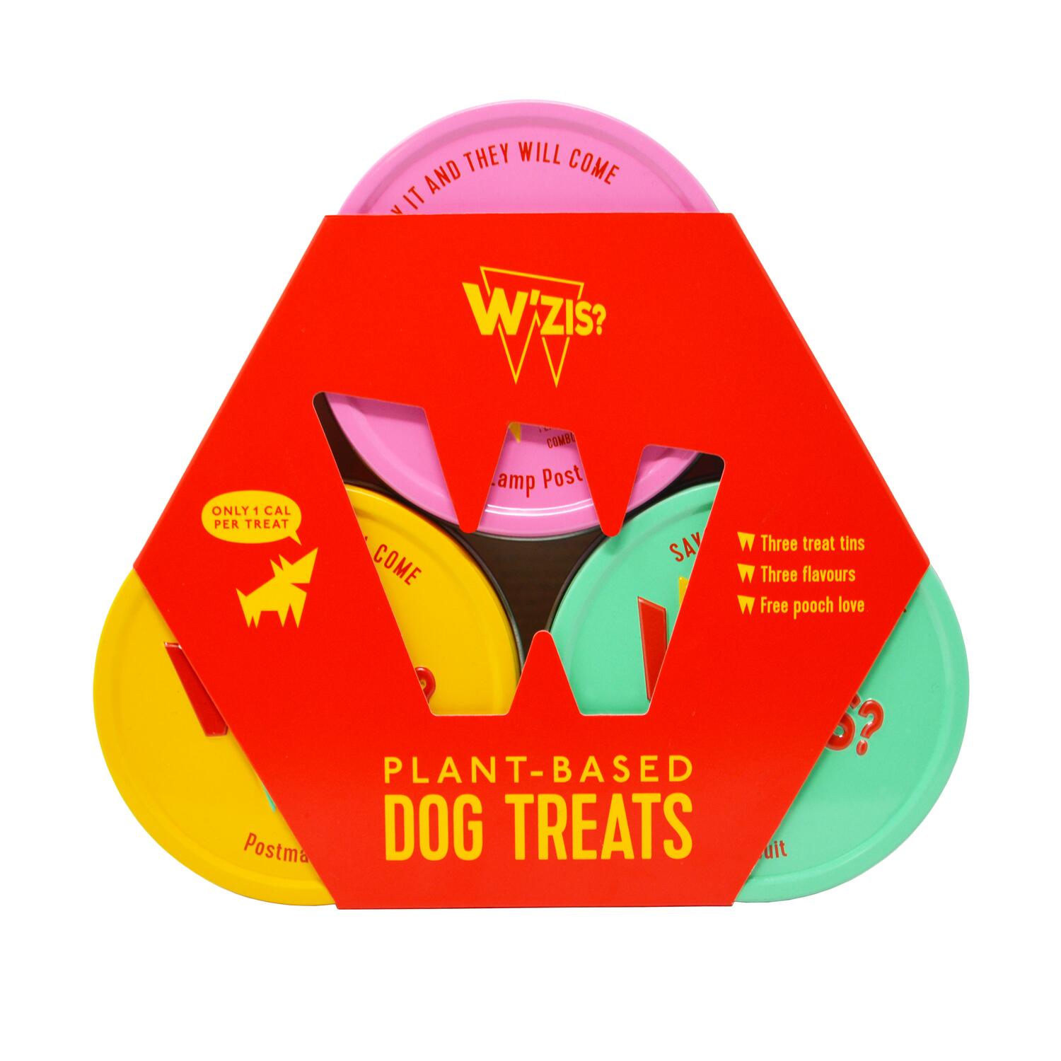 Front of a pack of three vegan dog treat tins from W'zis?