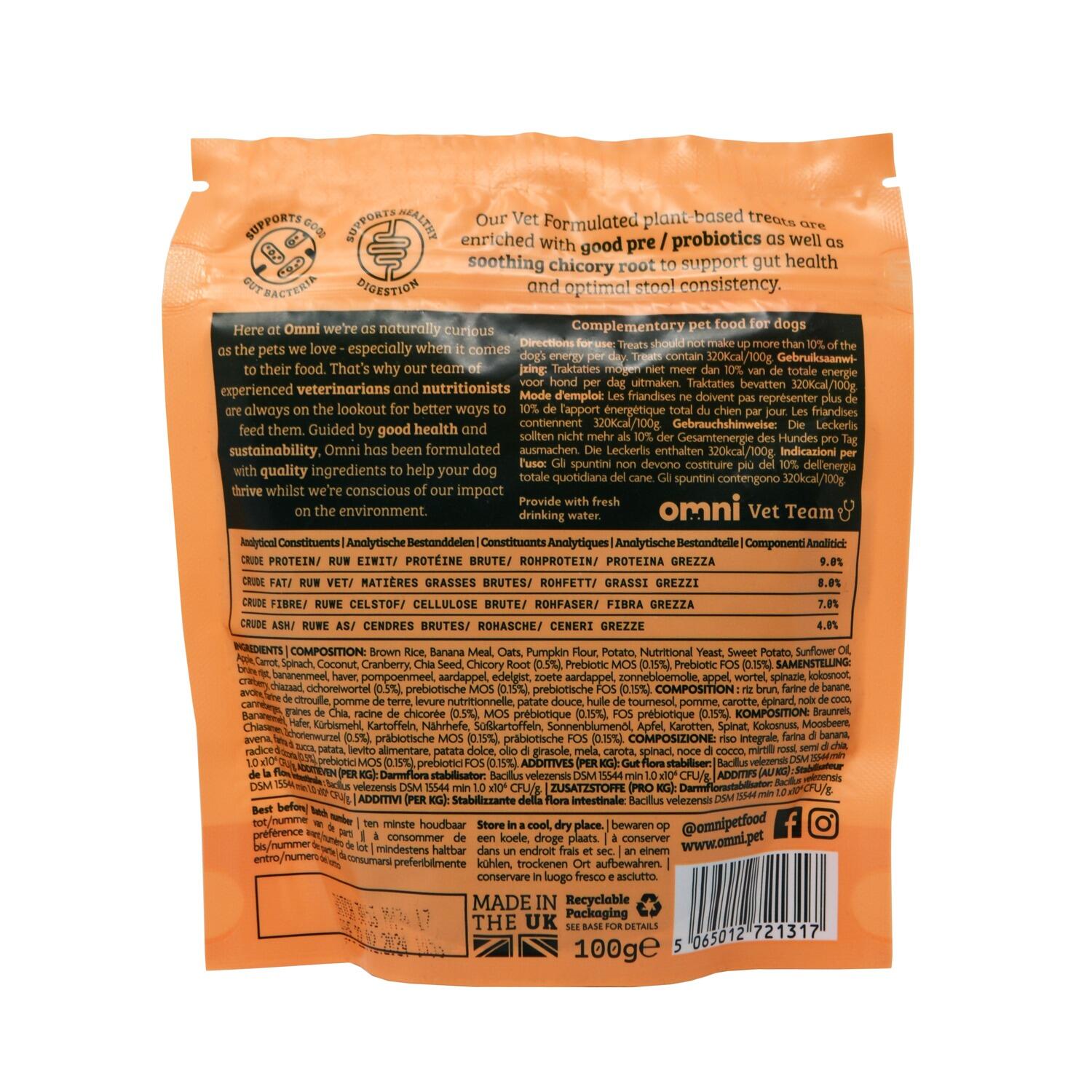 Back of a pack of Digestive Health Plant Based Dog Treats from Omni