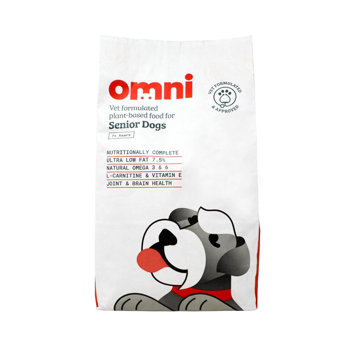 Front of a pack of Omni Plant Based Senior Dog Food