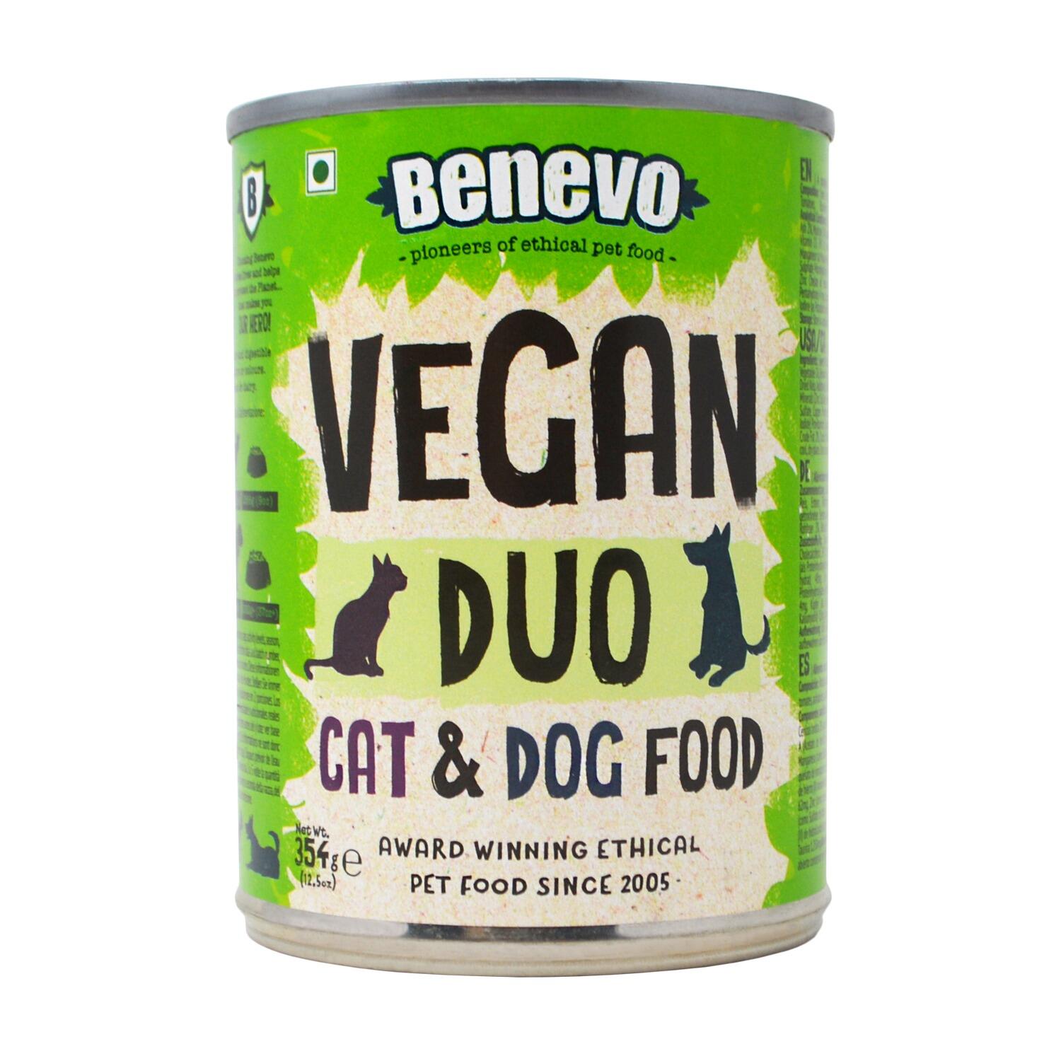 Front of a can of Benevo Duo complete vegan dog and cat food