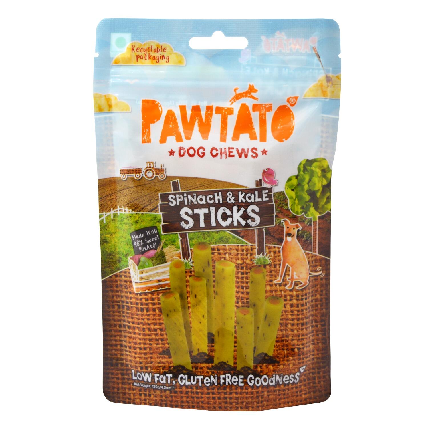 Front of a pack of Pawtato spinach and kale vegan dog chew sticks