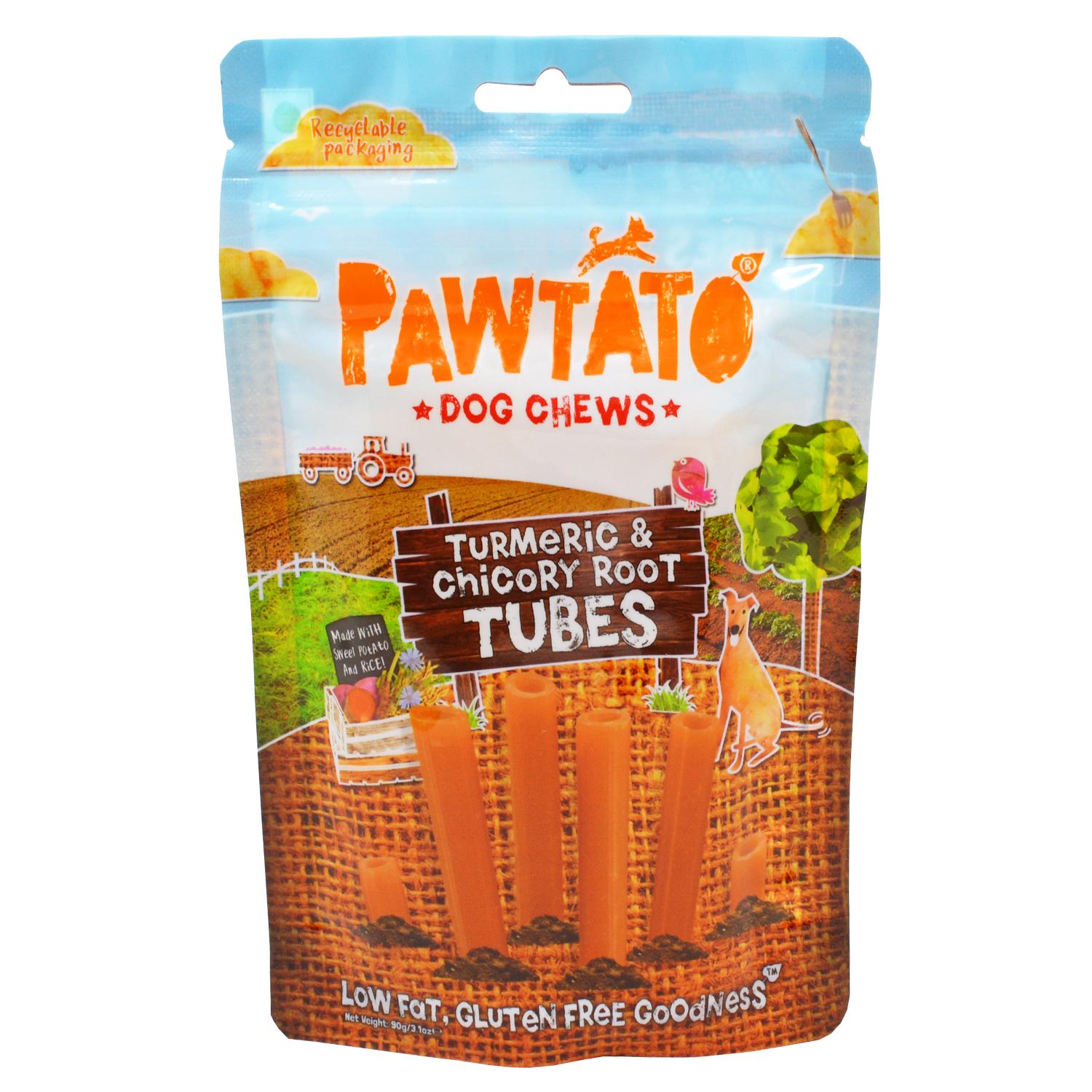 Front of a pack of Pawtato vegan turmeric and chicory root tubes dog chews