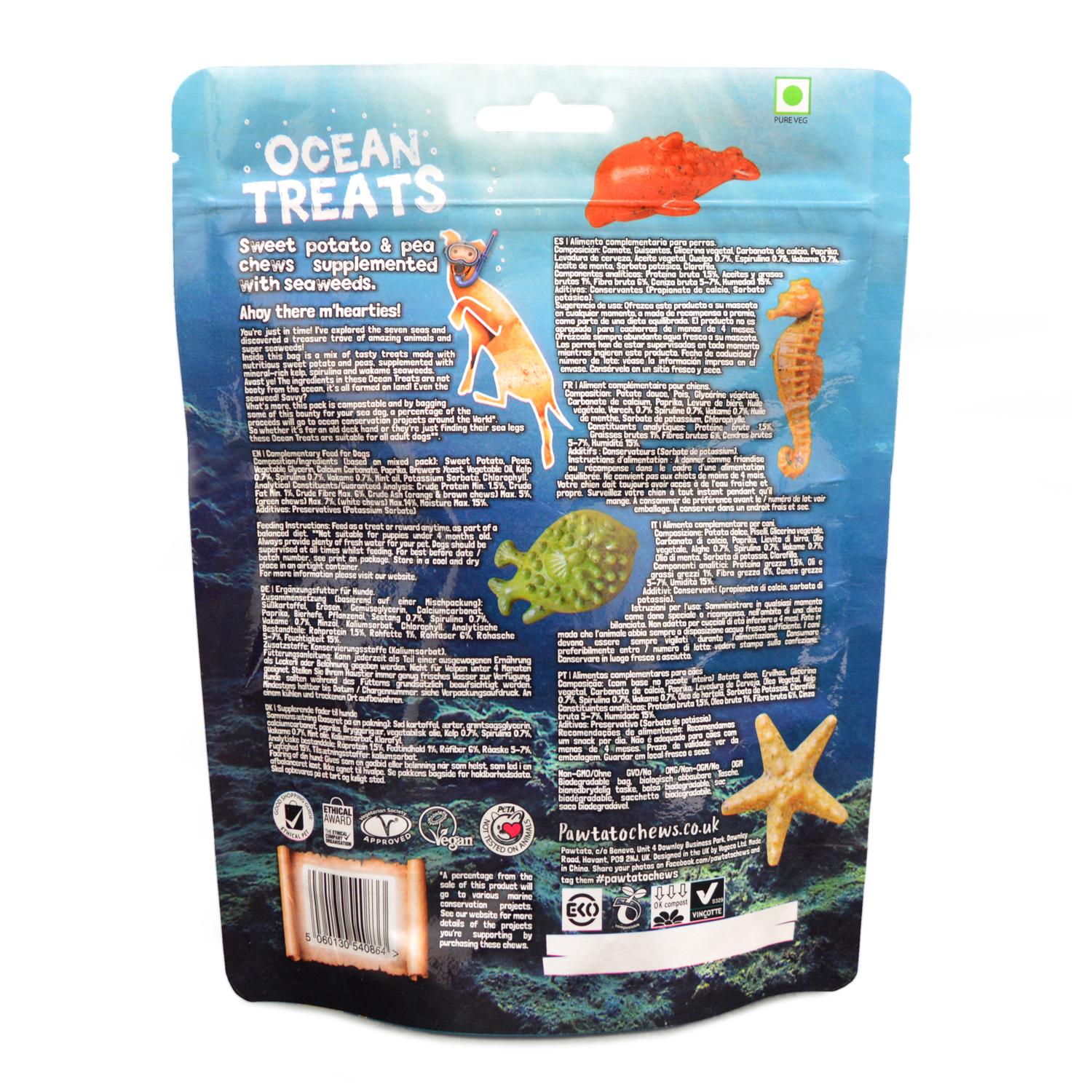 Back of a pack of medium Pawtato Ocean Treats vegan dog chews
