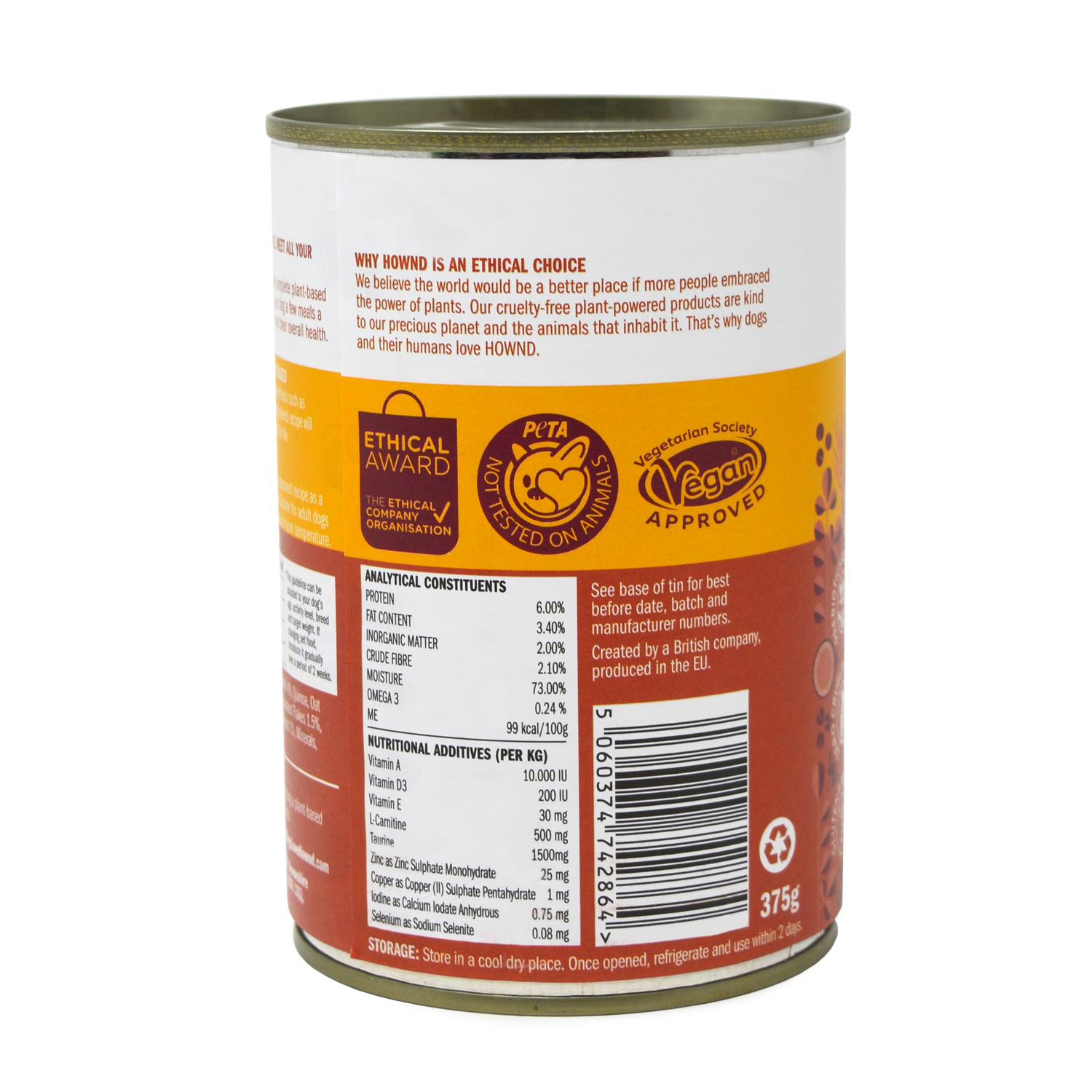 Back of a can of Hownd Papaya Lentil & Chia Dahl vegan dog food