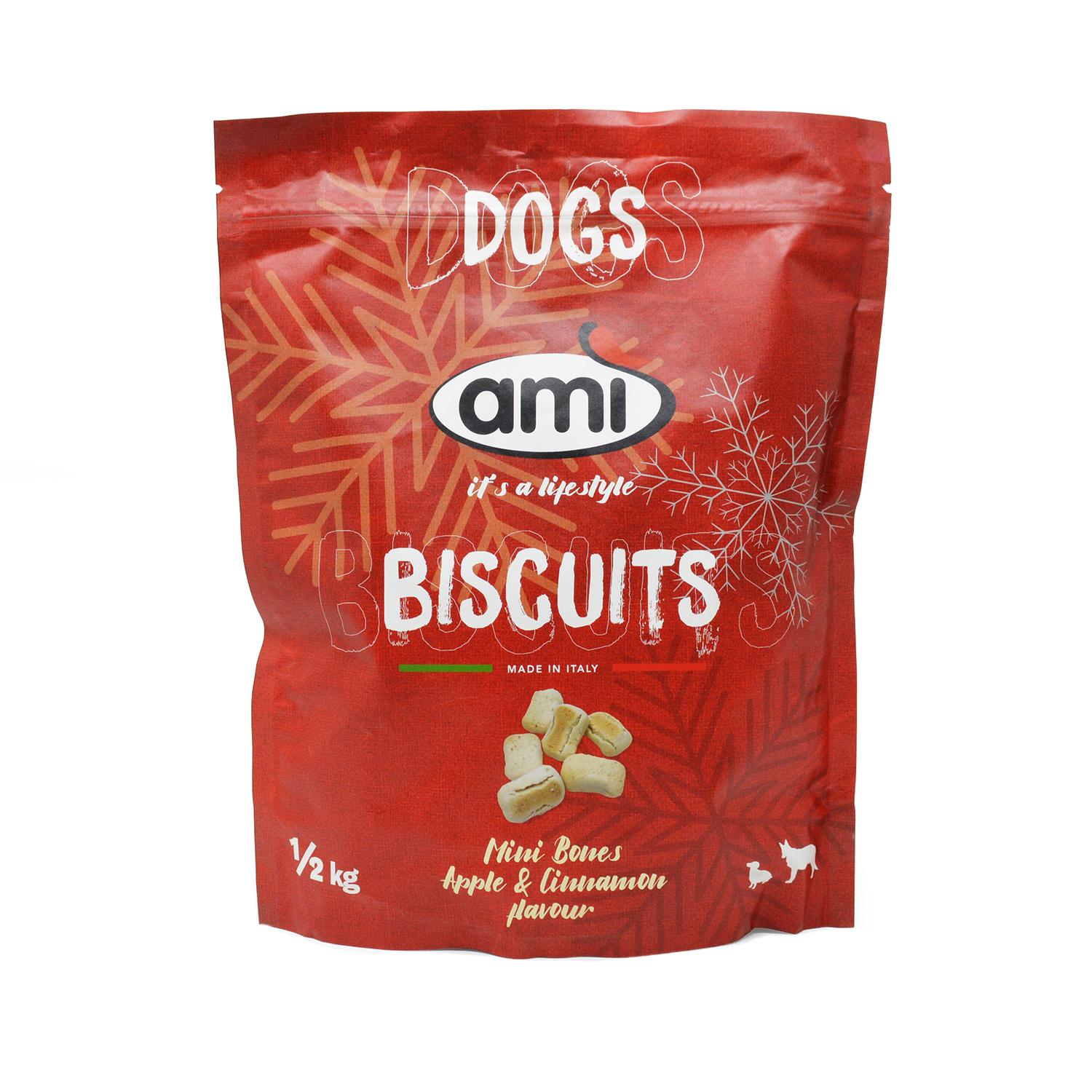 Front of a pack of Ami apple and cinnamon vegan dog biscuits