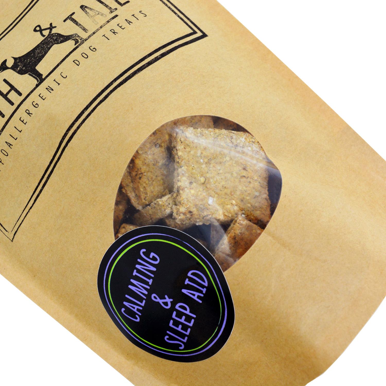 Close up of a pack of Tooth and Tail Calming Vegan Dog Biscuits