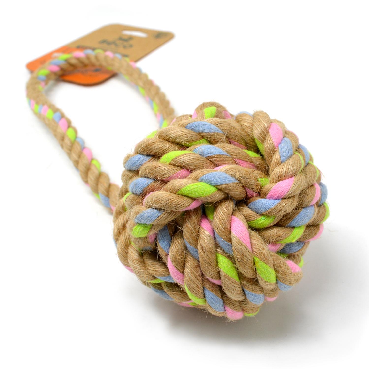 Close up of Beco Natural Hemp Rope Ball with handle for dogs