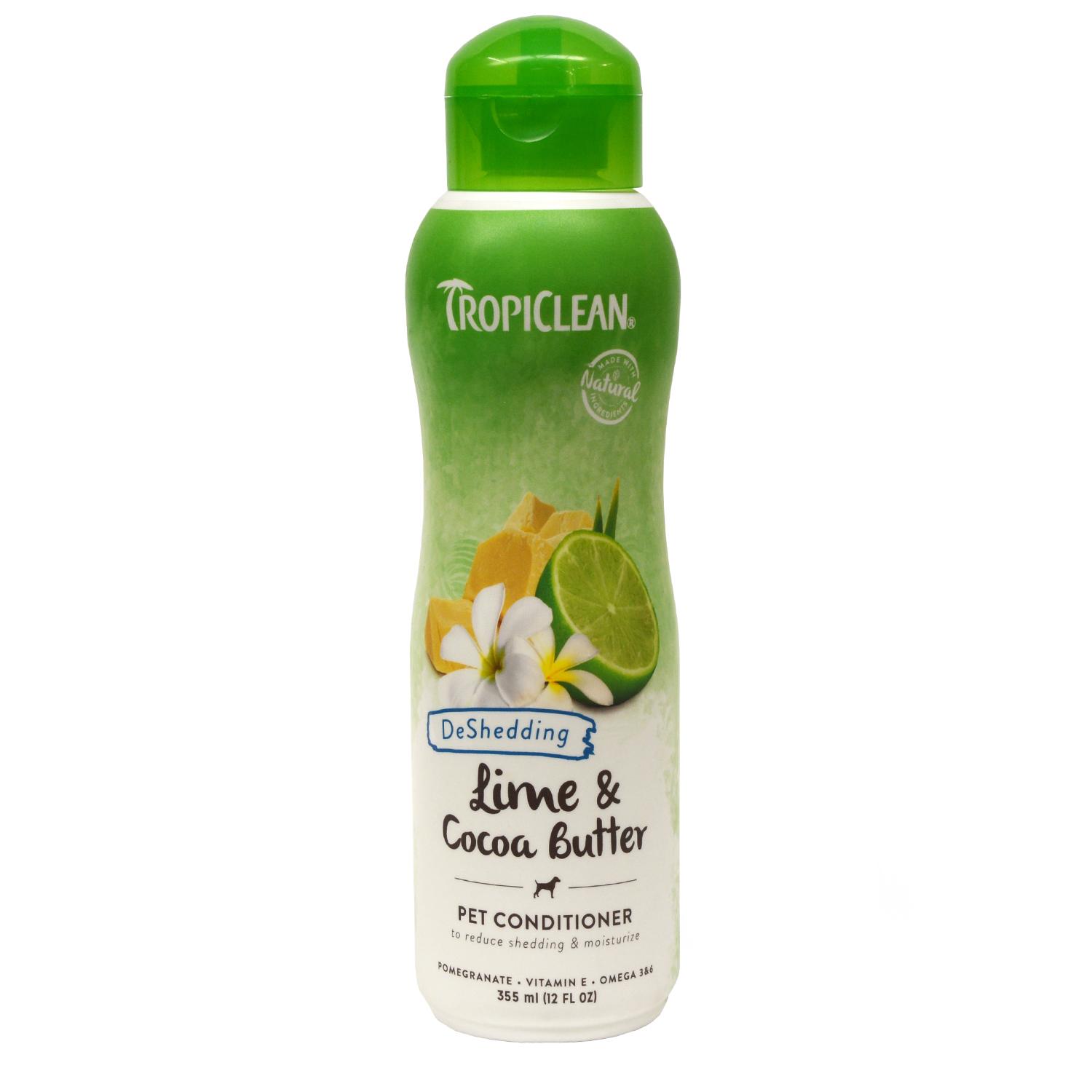 Front of a bottle of TropiClean Lime and Cocoa Pet Conditioner