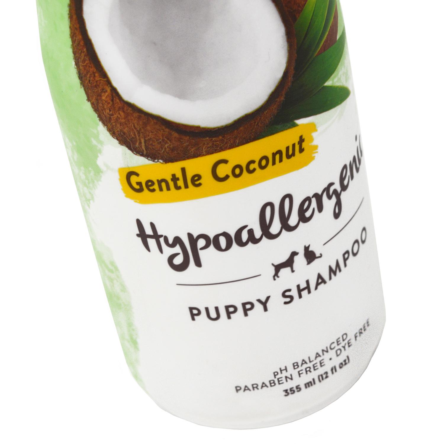 Close up of a bottle of Tropiclean Hypoallergenic Coconut Puppy Shampoo