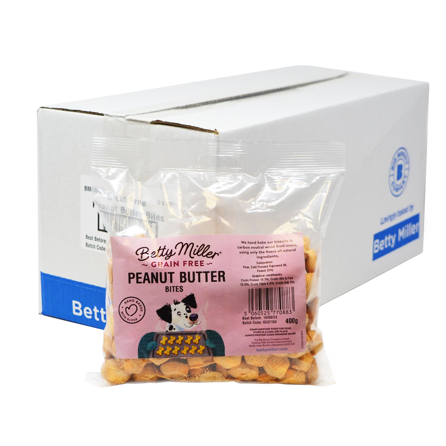 A bulk case of Betty Miller Peanut Butter Bites Vegan Dog Biscuits