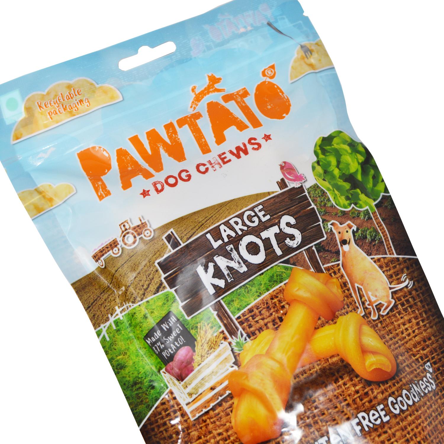 Close up of a pack of Pawtato Large Knot vegan dog chews