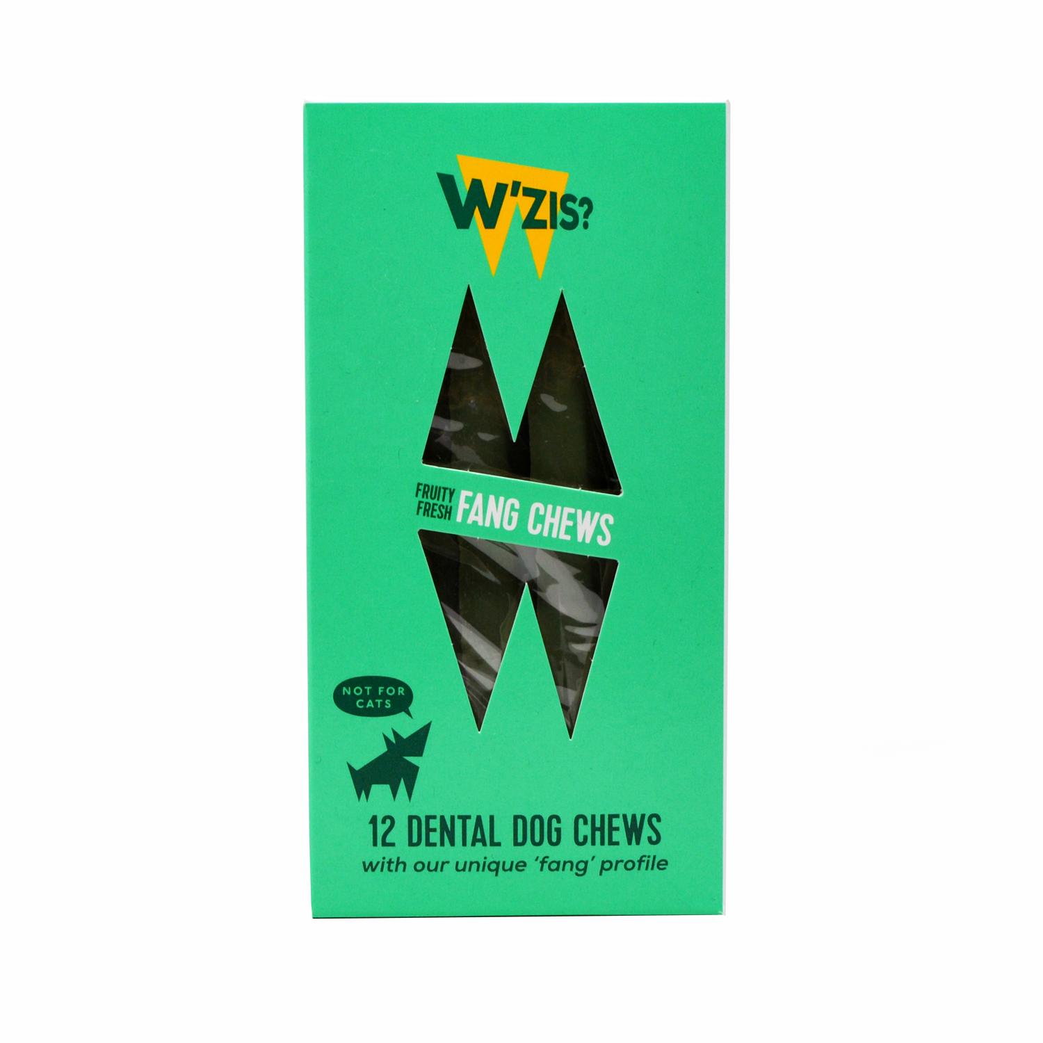 Front of a pack of Plant Based Fruity Flavoured 'Fang' Vegan Dog Chews from Wzis
