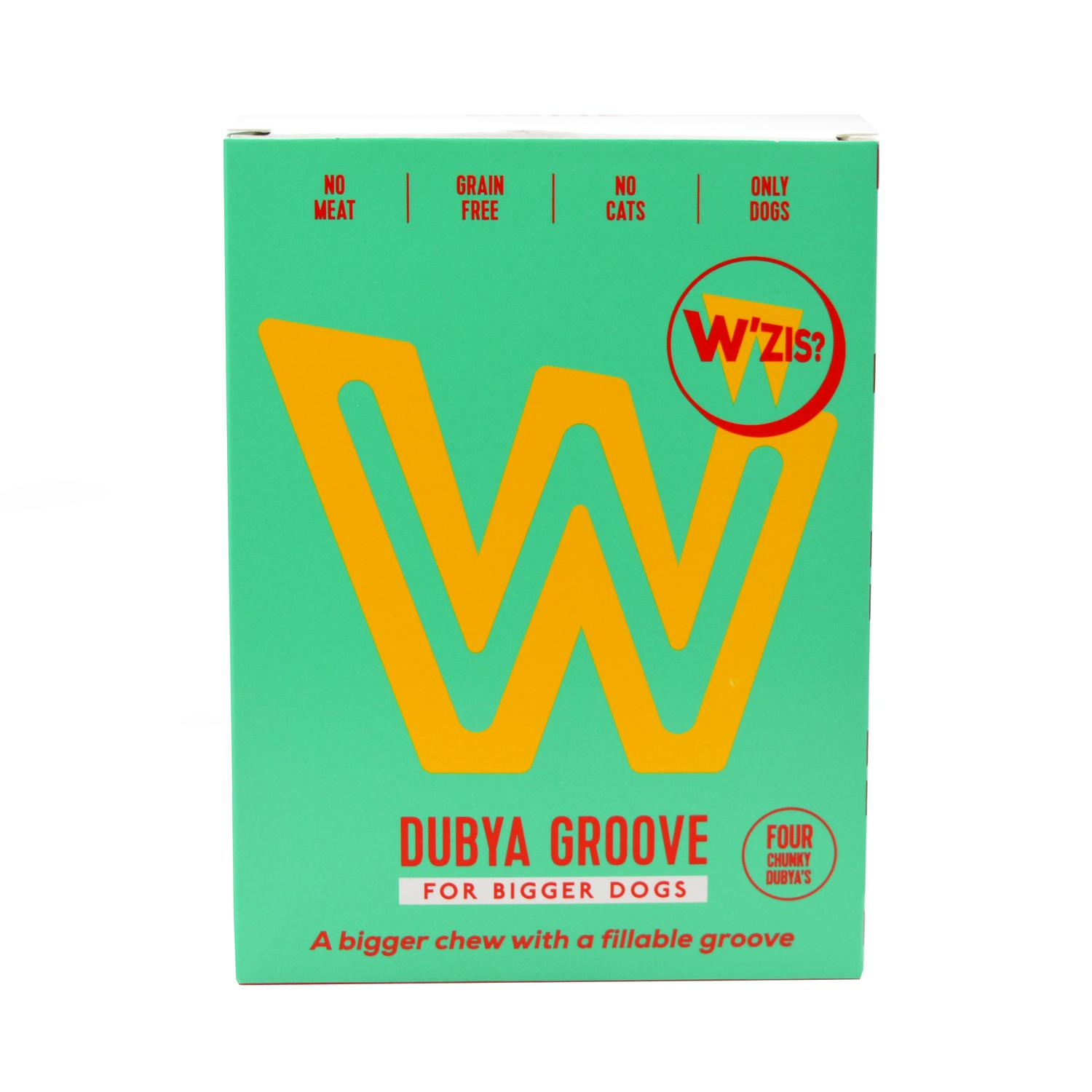 Front of a pack of W'ZIS? Nutty Groove Dubya Vegan Dog Chews