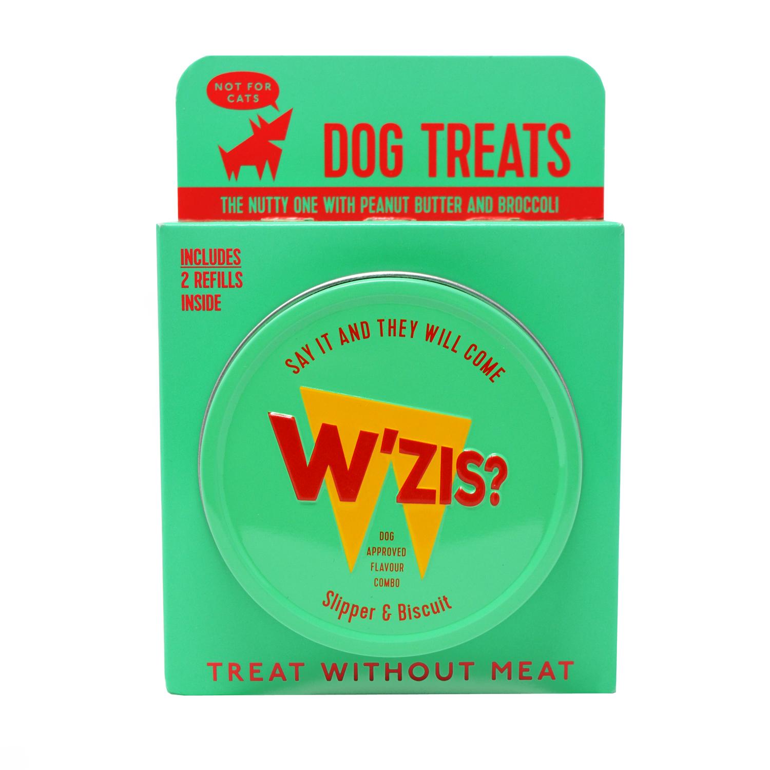 Front of a pack of W'ZIS? slipper and biscuit vegan dog training treats