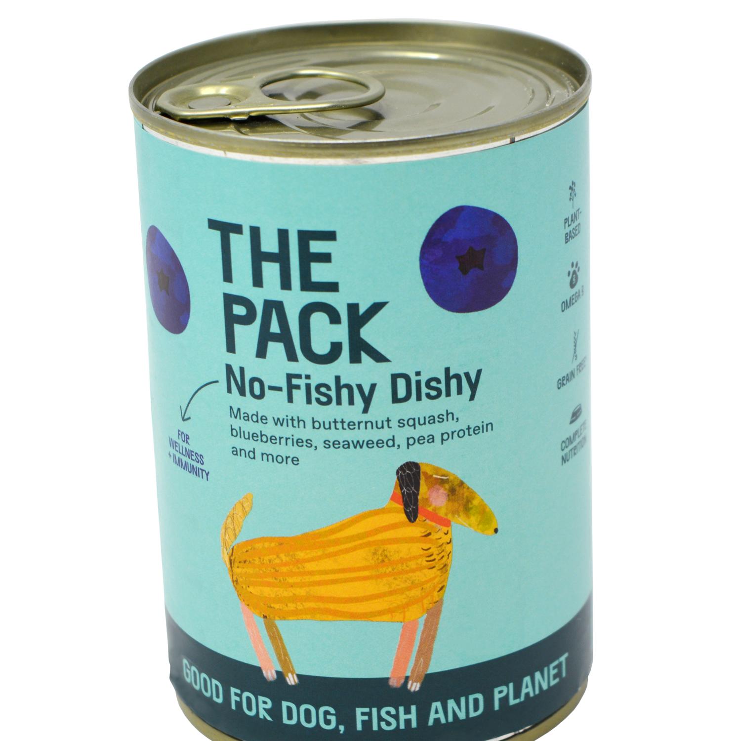 Close up of a can of The Pack No-Fishy Dishy Plant Based Dog Food