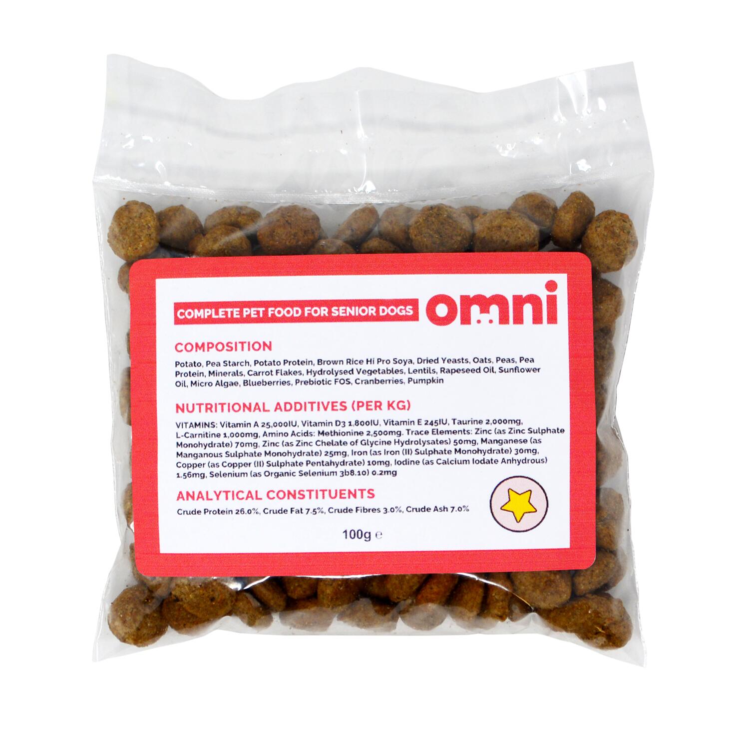Front of a sample pack of Omni Plant BAsed Senior Dog Food