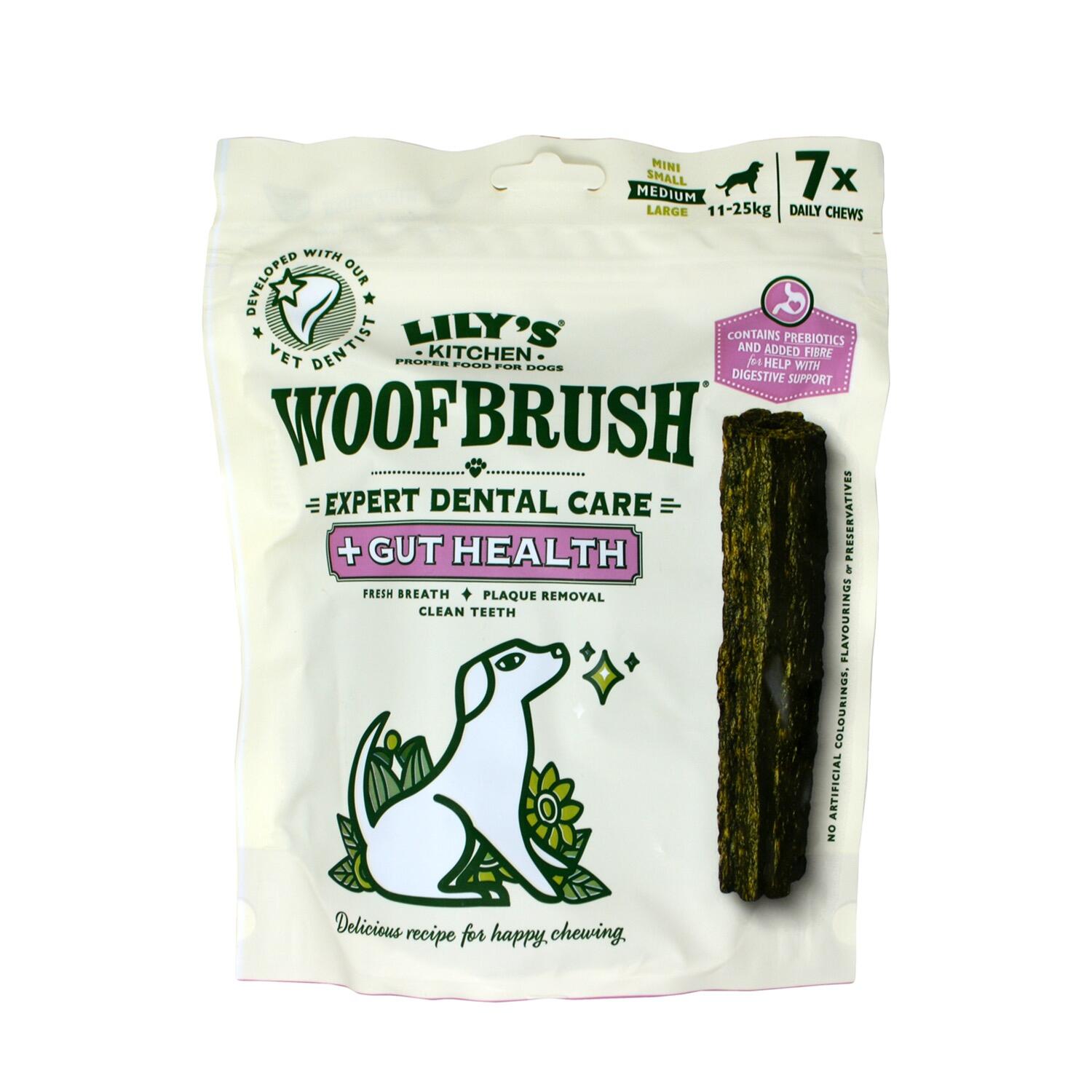 Front of a pack of Medium Gut Health Woofbrush Vegan Dog Chews from Lily's Kitchen