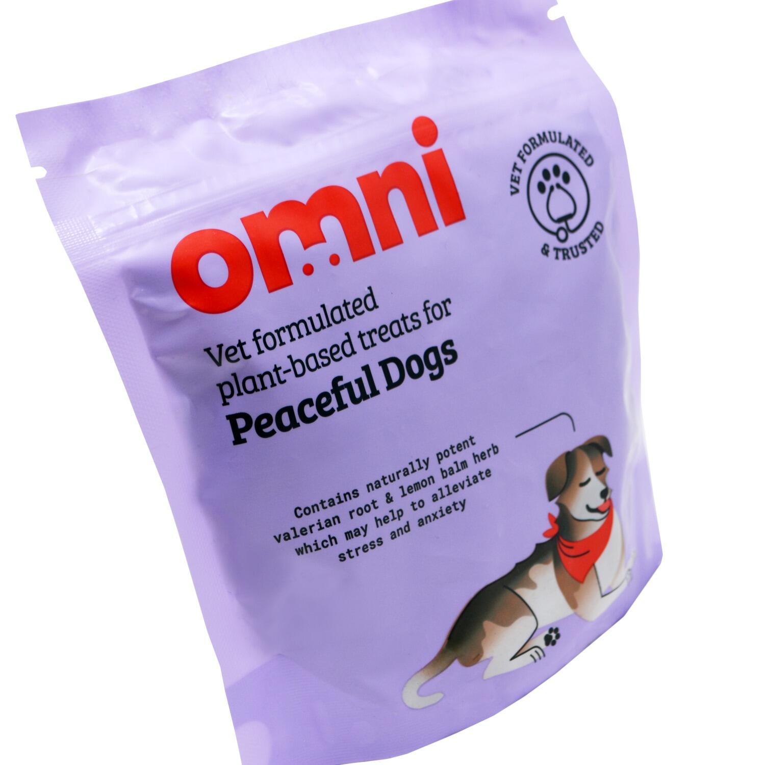 Close up of a pack of Calming Plant Based Dog Treats from Omni