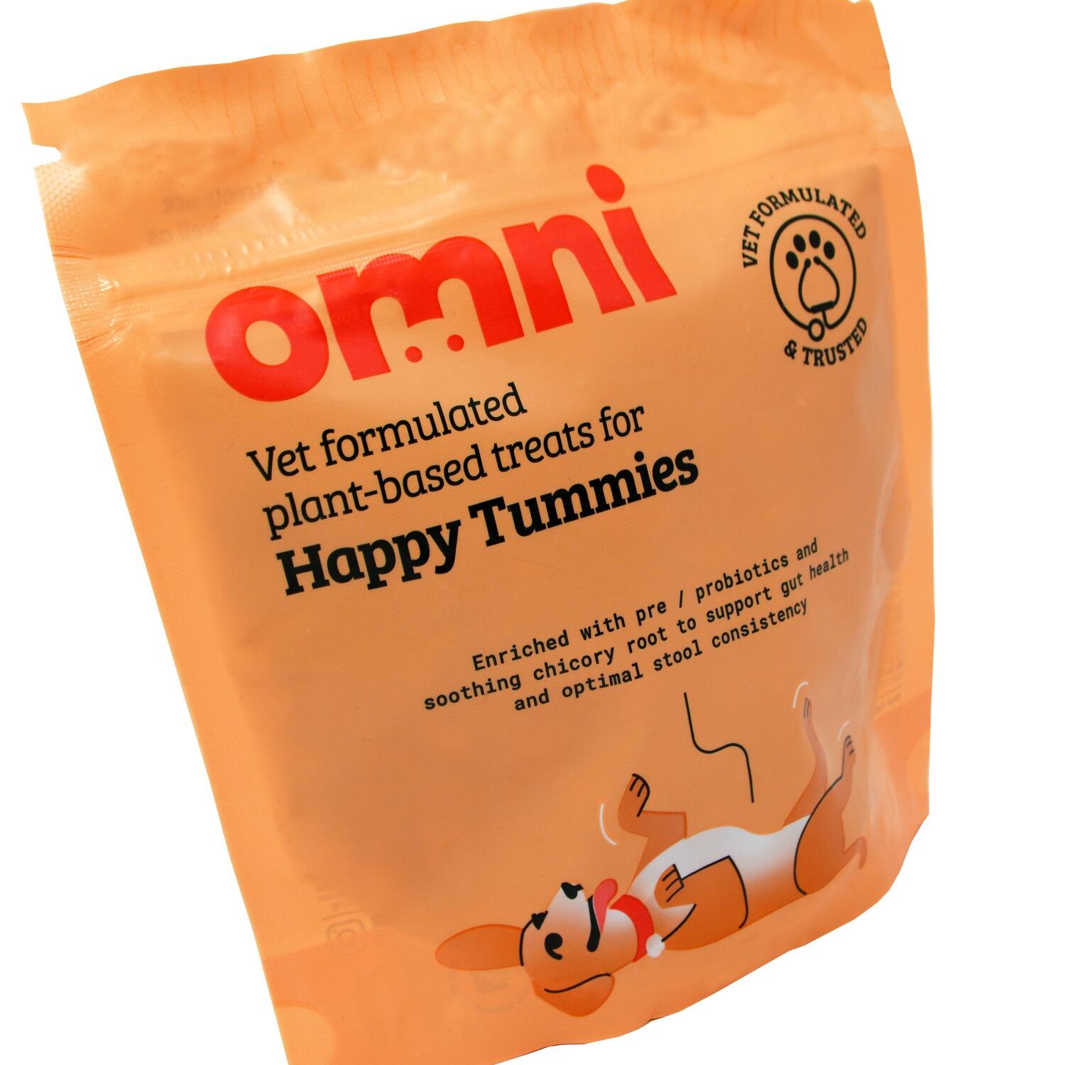 Close up of a pack of Gut Health Plant Based Wheat Free Dog Treats from Omni
