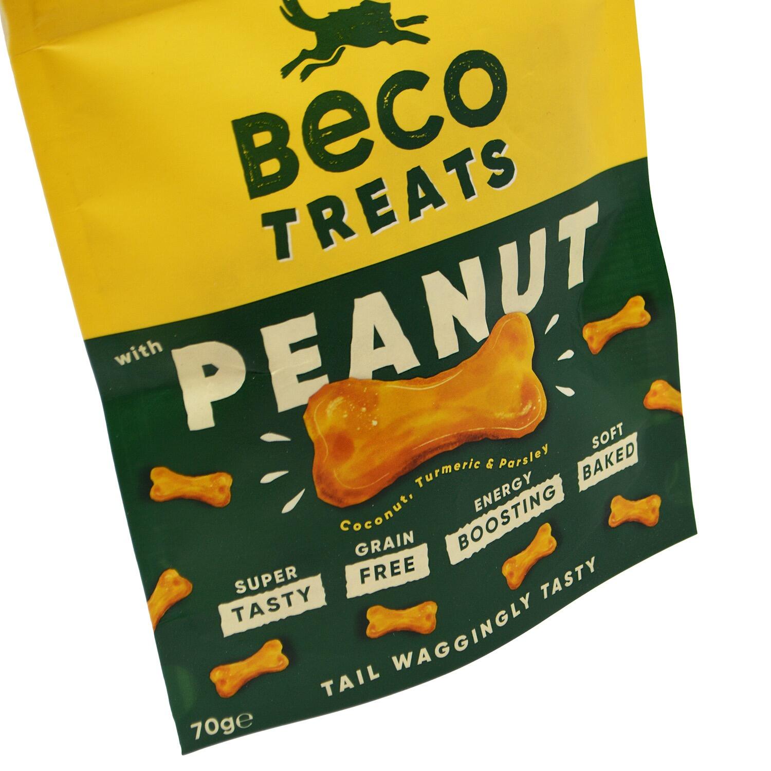 Close up of a pack of Beco Peanut Flavoured Vegan Dog Biscuits