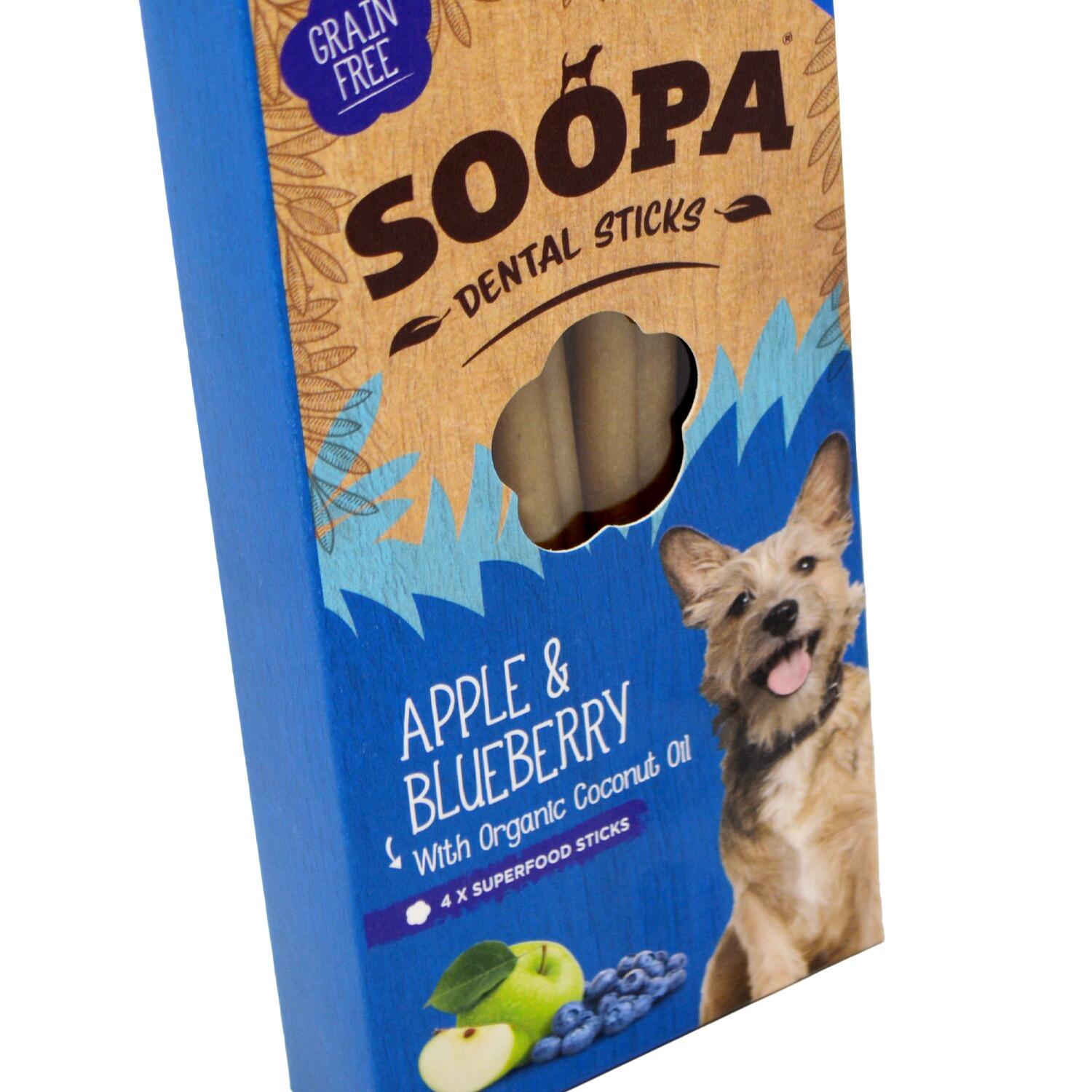 Close up of a pack of Soopa Apple and Blueberry Grain Free Plant Based Dog Chews
