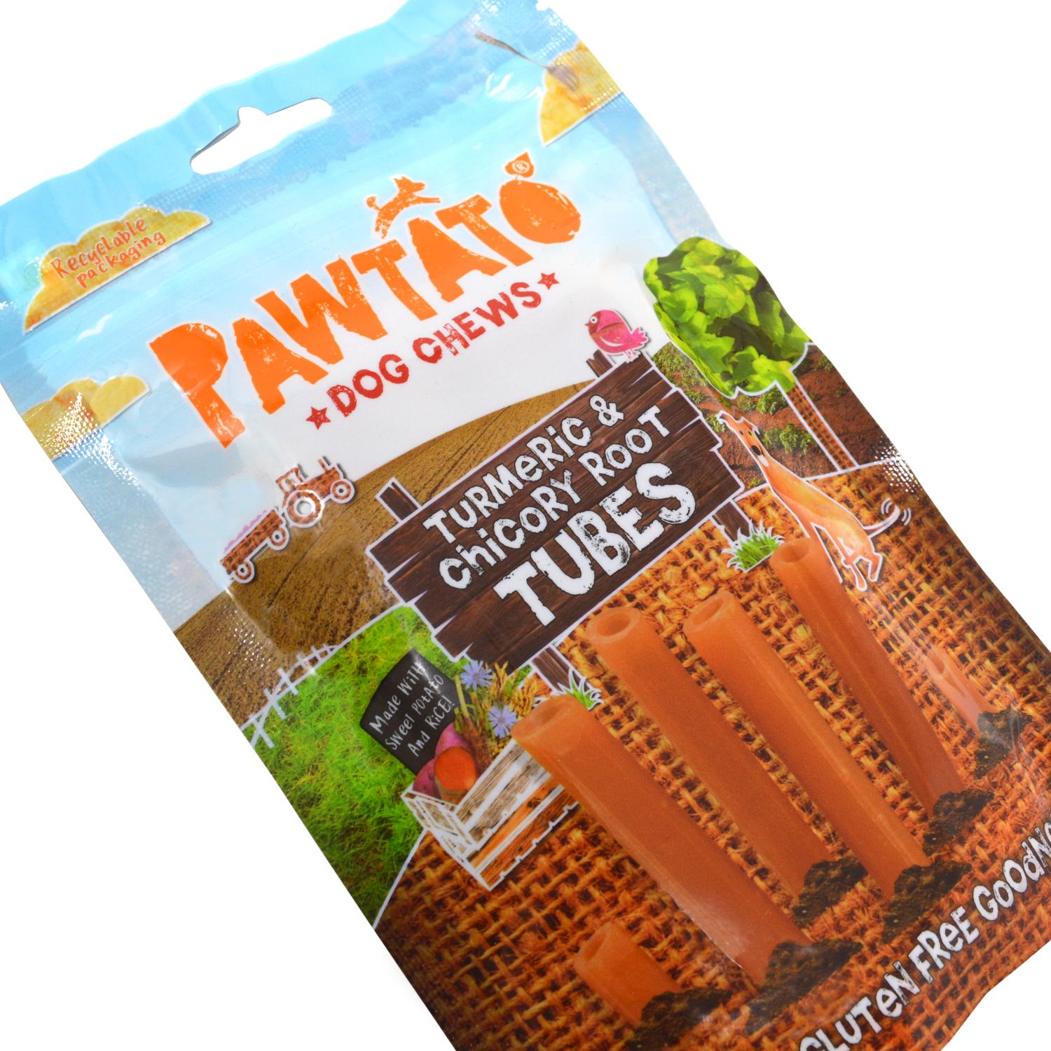 Close up of a pack of Pawtato vegan turmeric and chicory root tubes dog chews