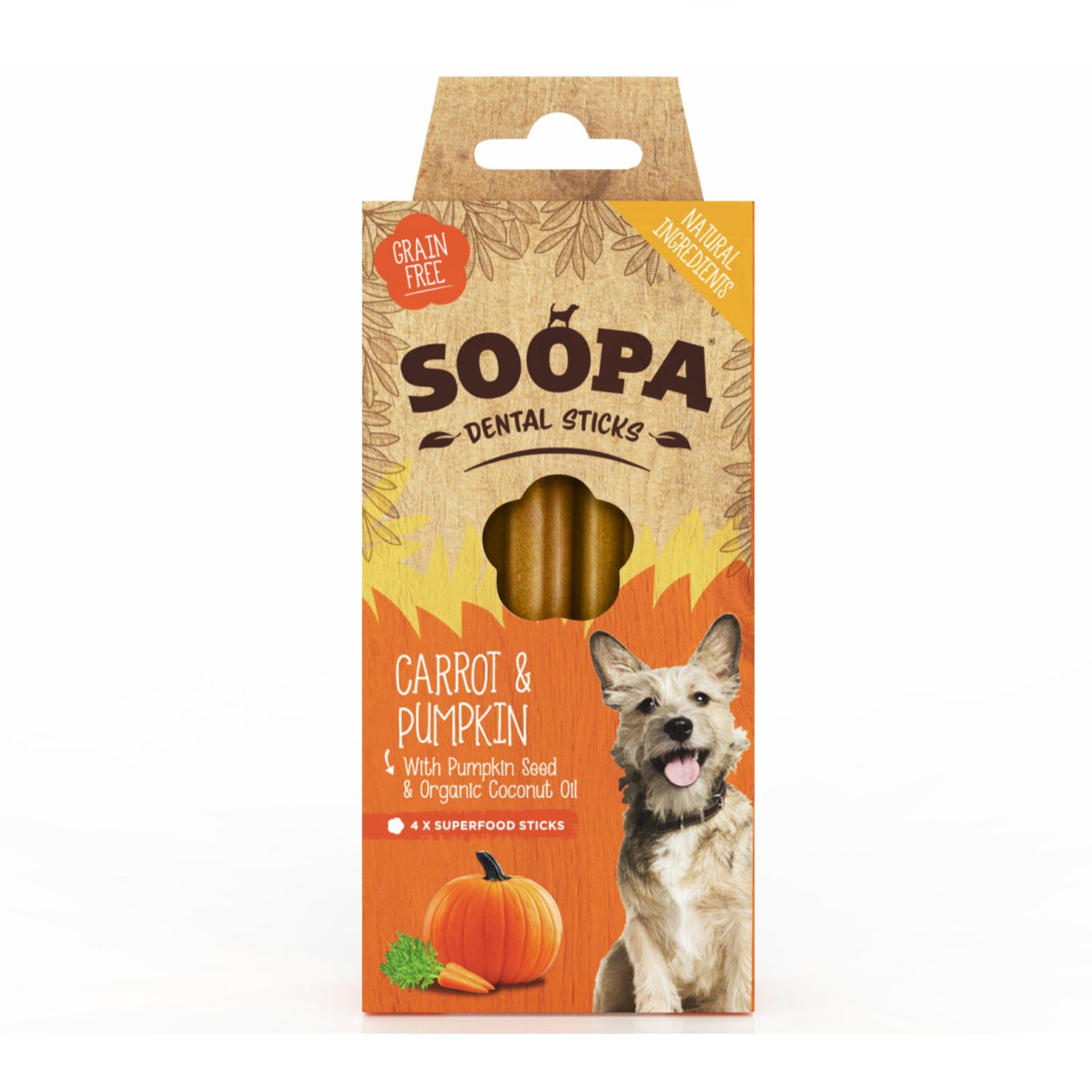 Front of a pack of Soopa Carrot and Pumpkin Dental Stick Dog Chews