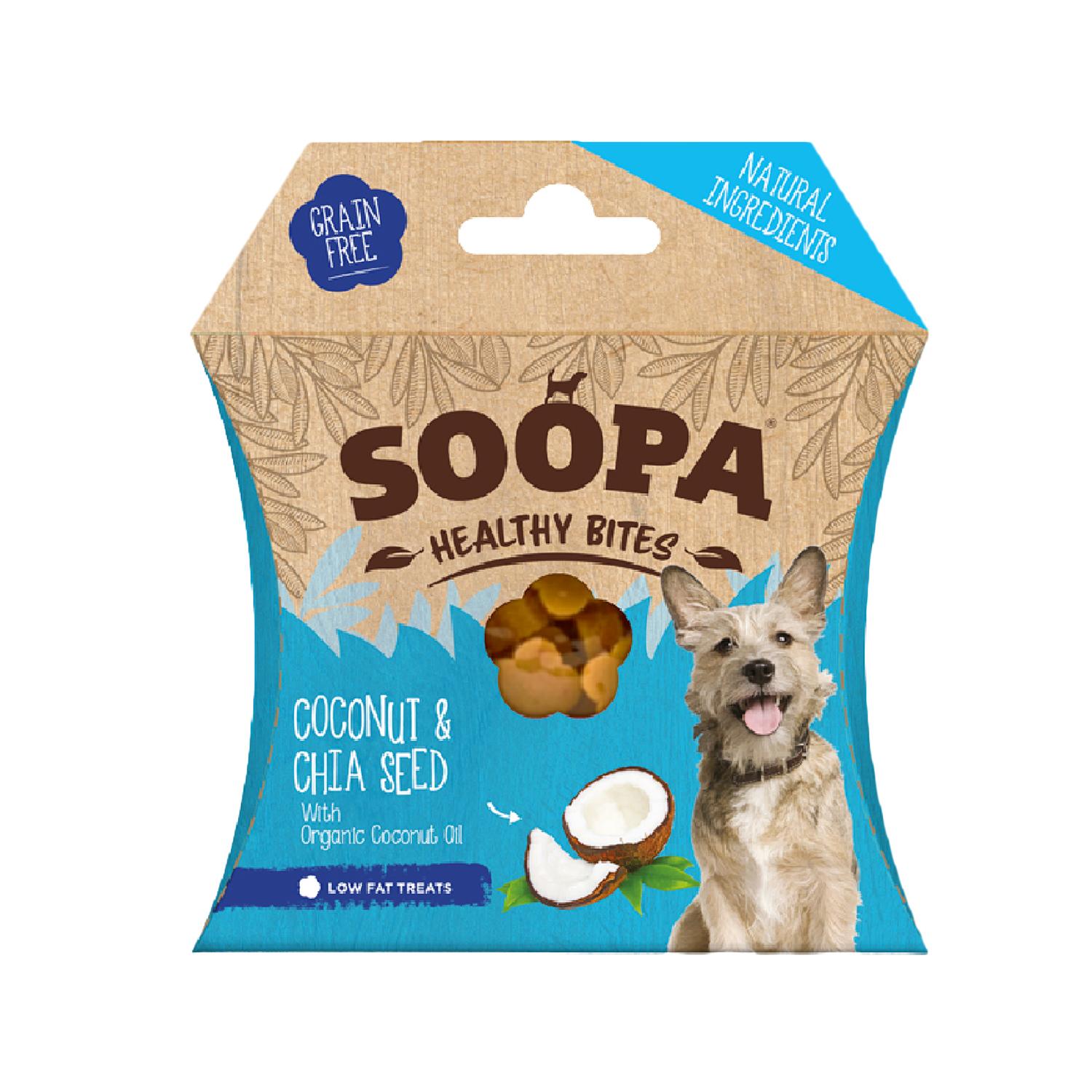 Front of a pack of Soopa Coconut and Chia Seed Healthy Bites dog chews