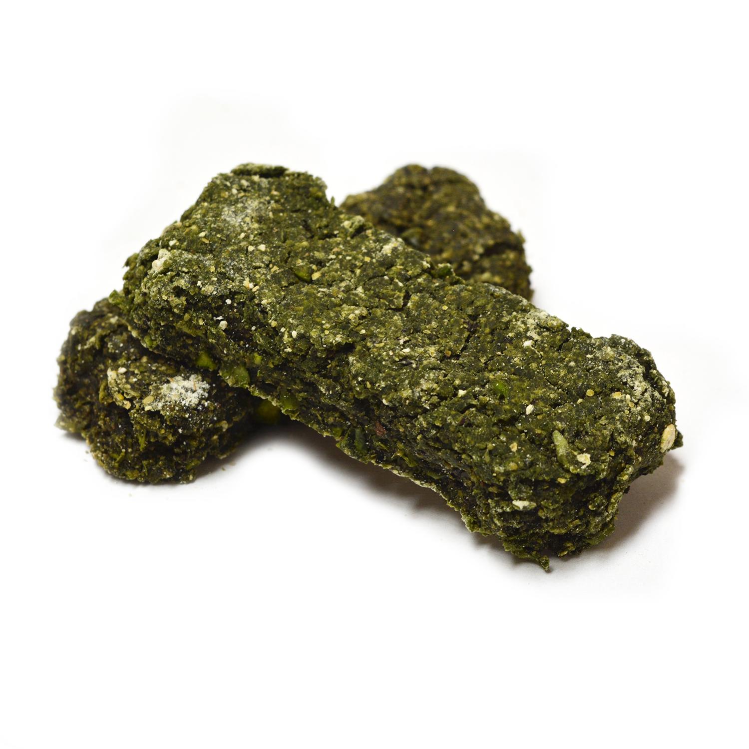 Two Booster Pea, Peanut Butter and Spirulina vegan bone shaped dog biscuits