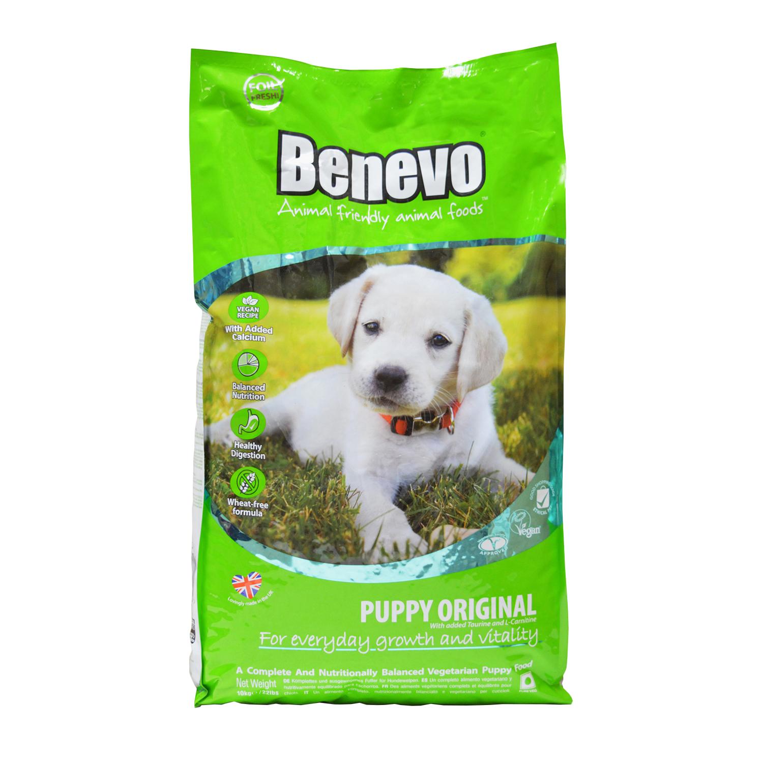 Front of a bag of 10kg Benevo Vegan Puppy Food