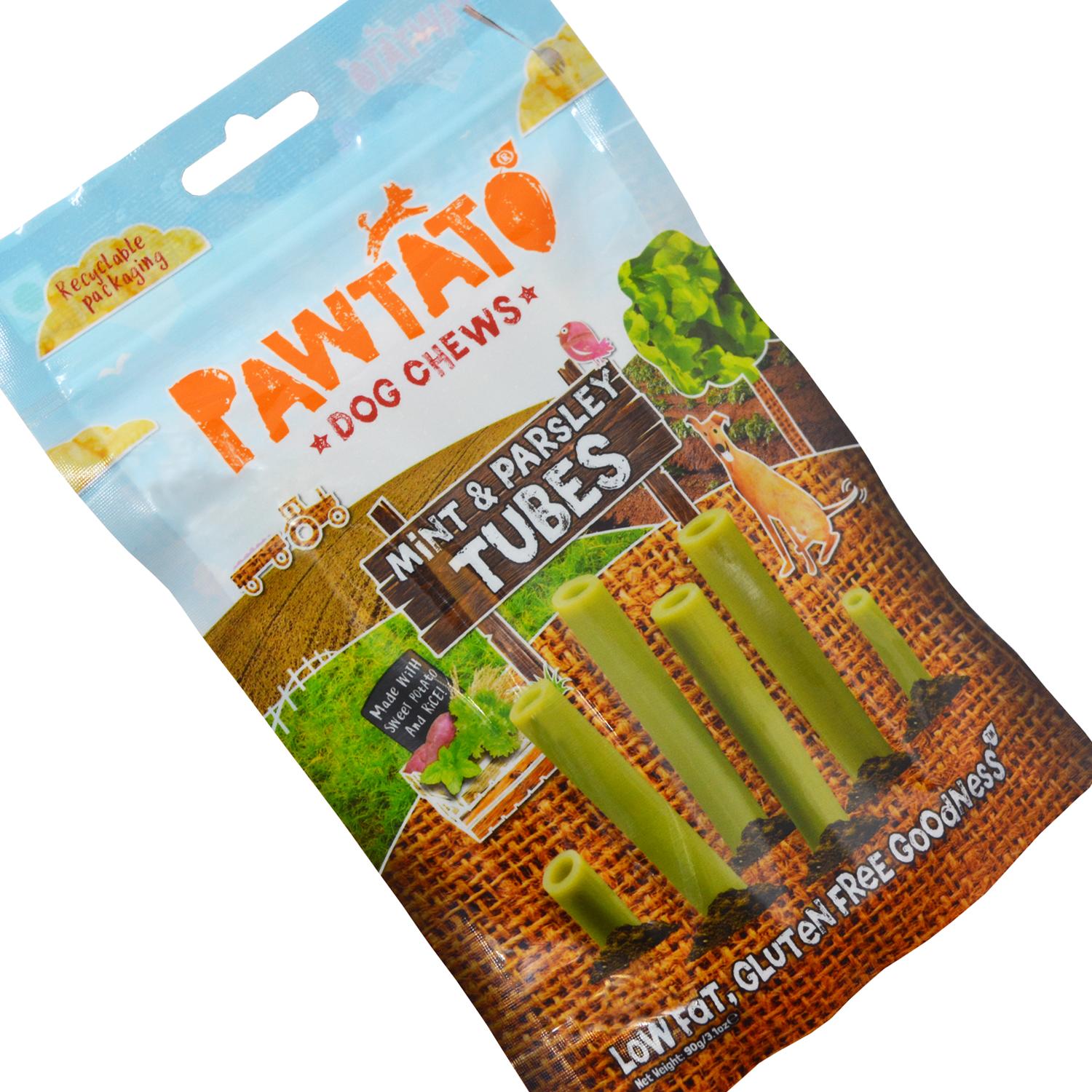 Close up of a pack of Pawtato mint and parsley tube vegan dog chews