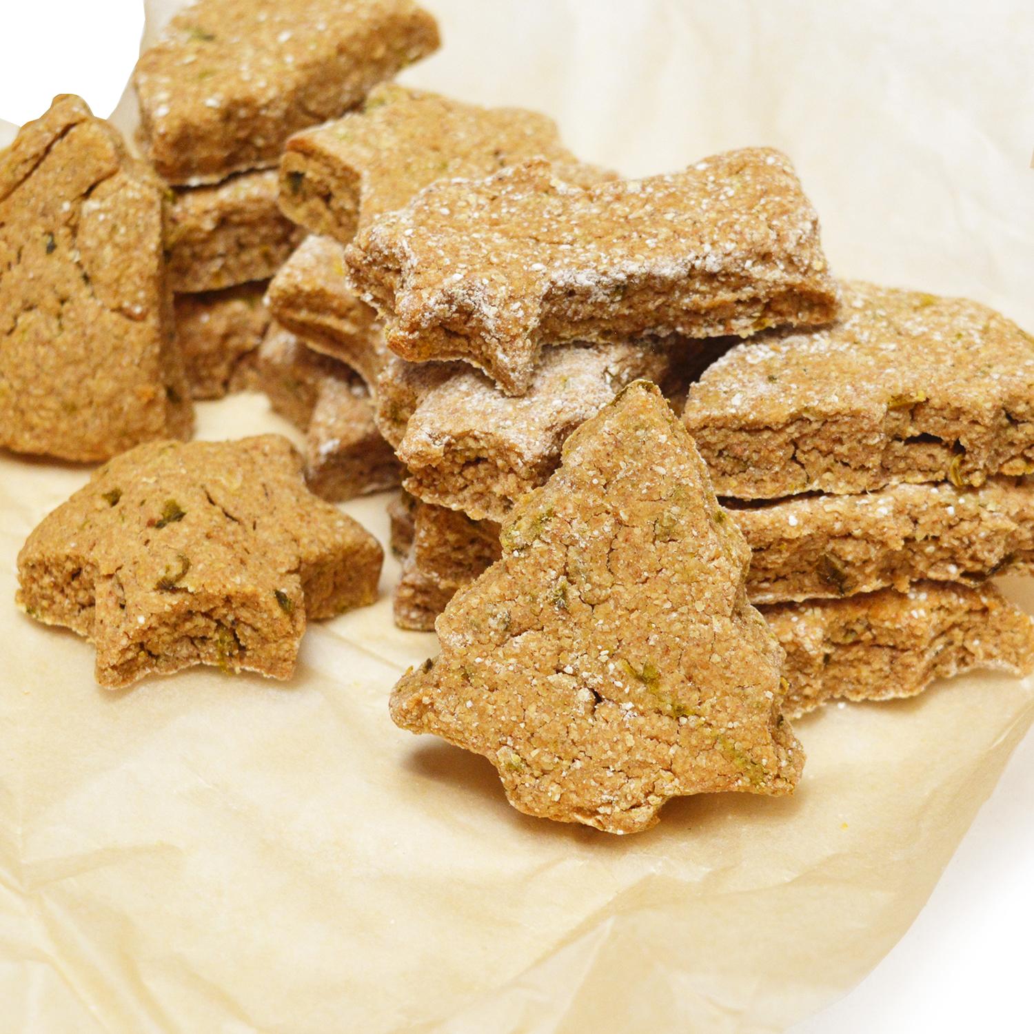 An arrangement of Booster Plant-based Vegan Christmas Dog Biscuits