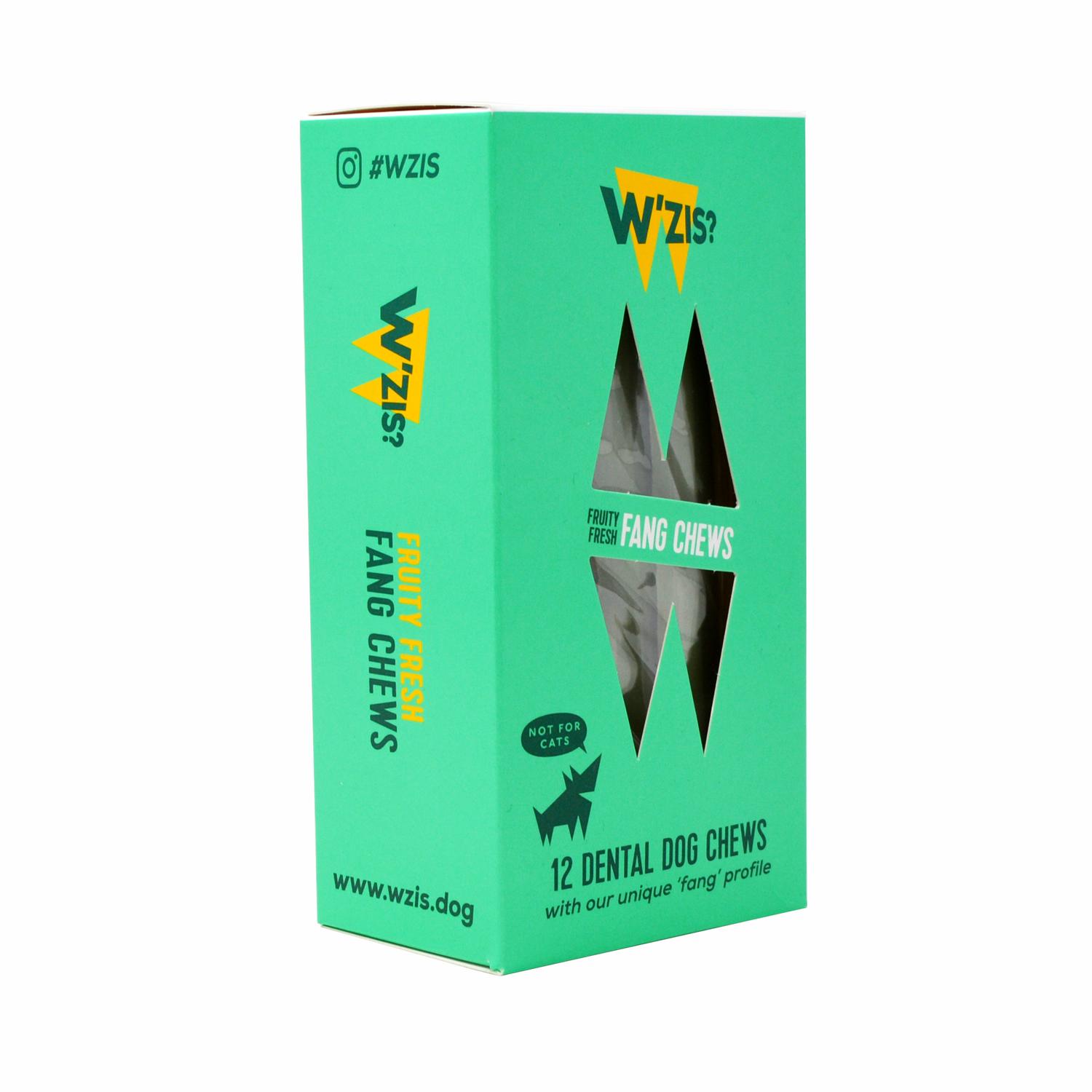 An angled pack of Plant Based Fruity Flavoured 'Fang' Vegan Dog Chews from Wzis