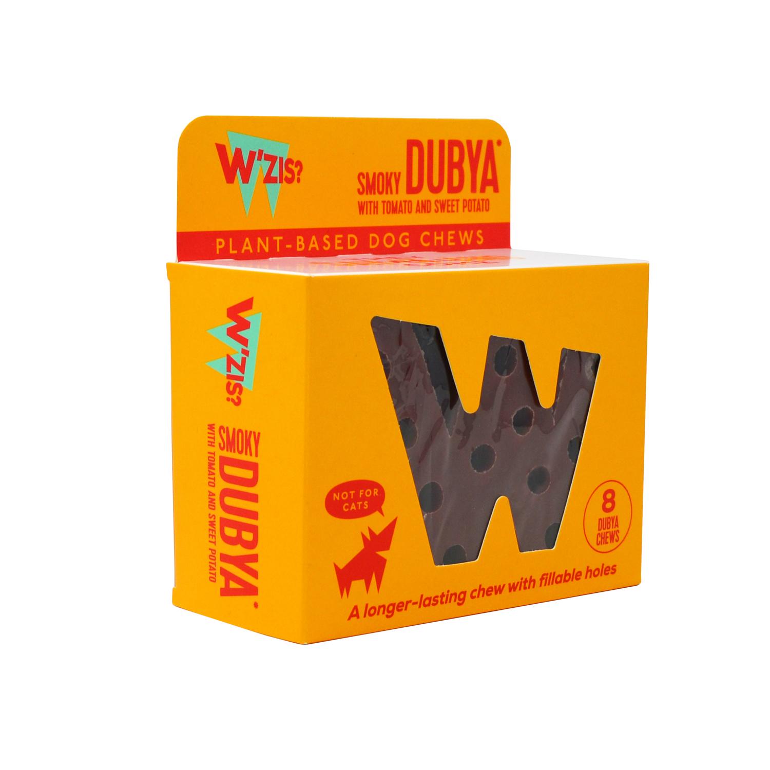 An angled pack of Smoky Dubya plant based dog chews from W'ZIS?