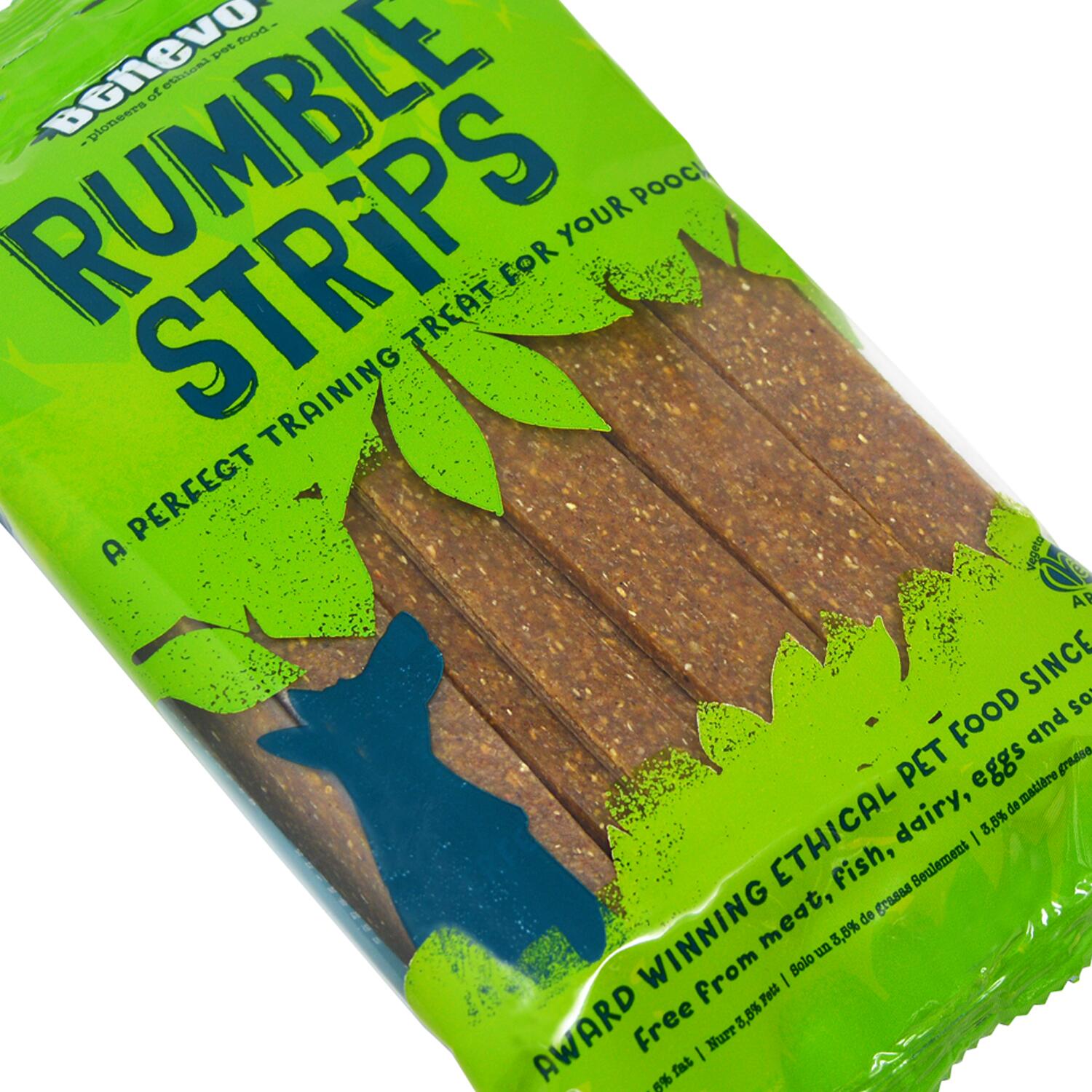 Close up of a pack of Benevo Rumble Strips Vegan Dog Treats