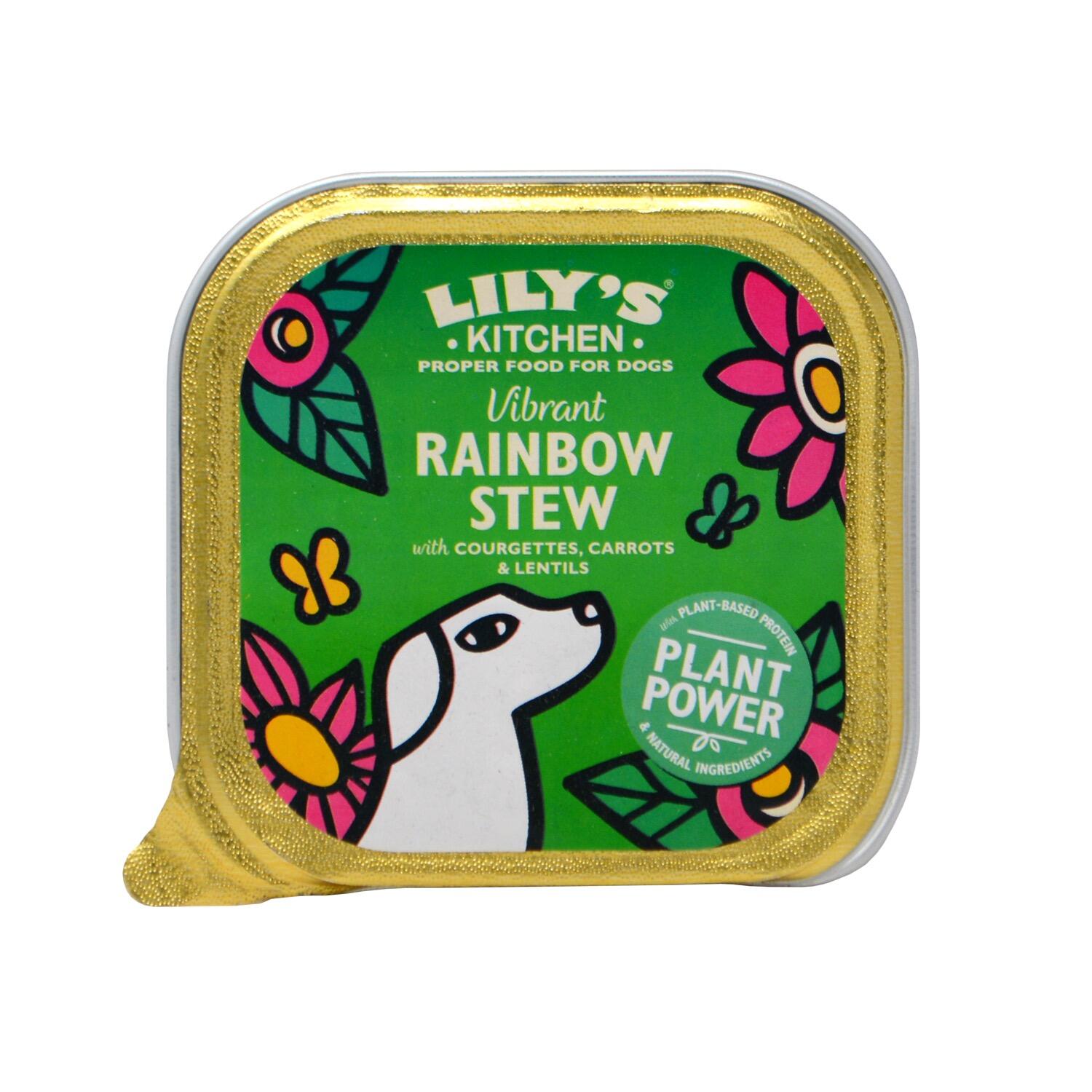 Front of a tray of Lily's Kitchen Vibrant Rainbow Stew Vegan Wet Dog Food