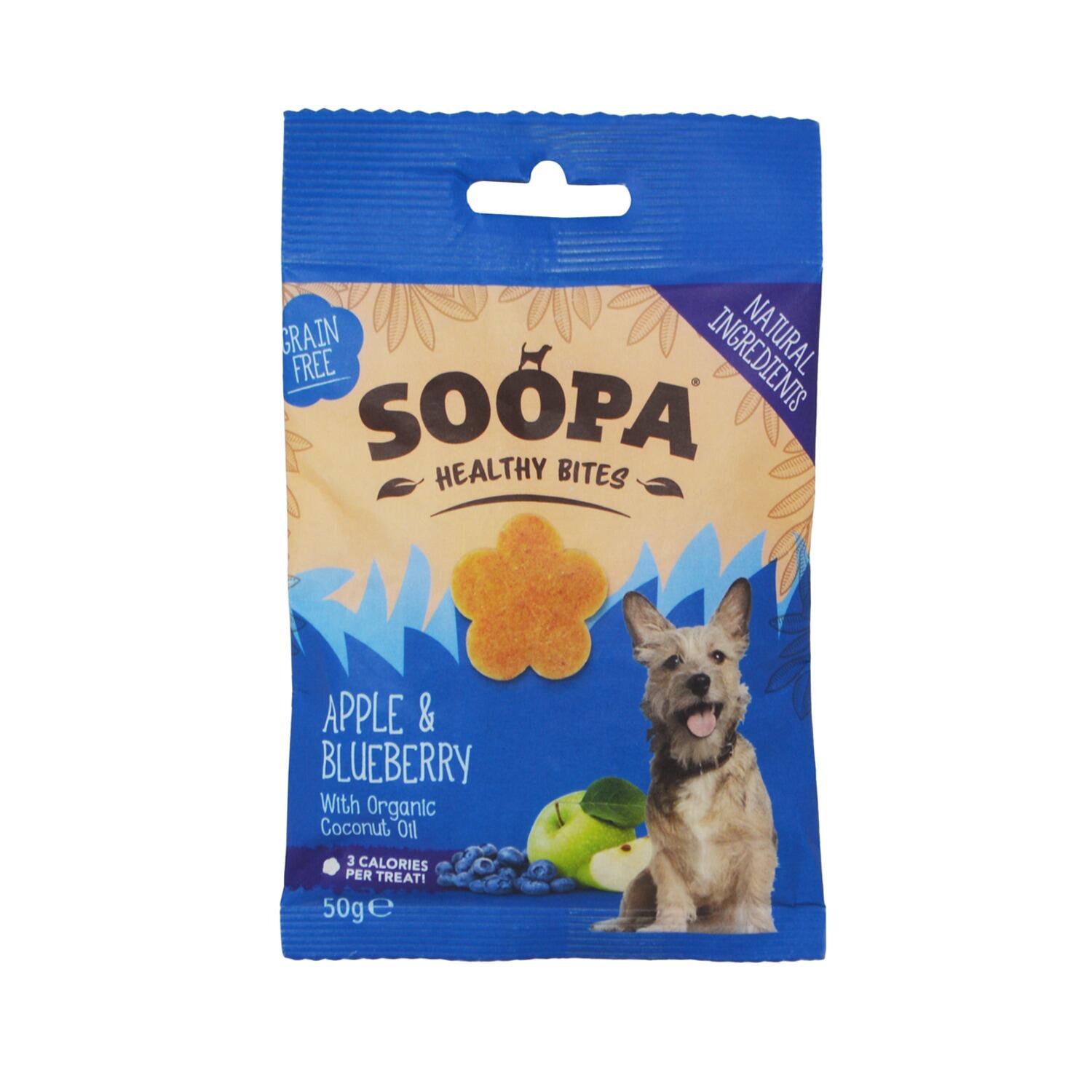 Front of a pack of Soopa Apple and Blueberry Vegan Mini Dog Chews
