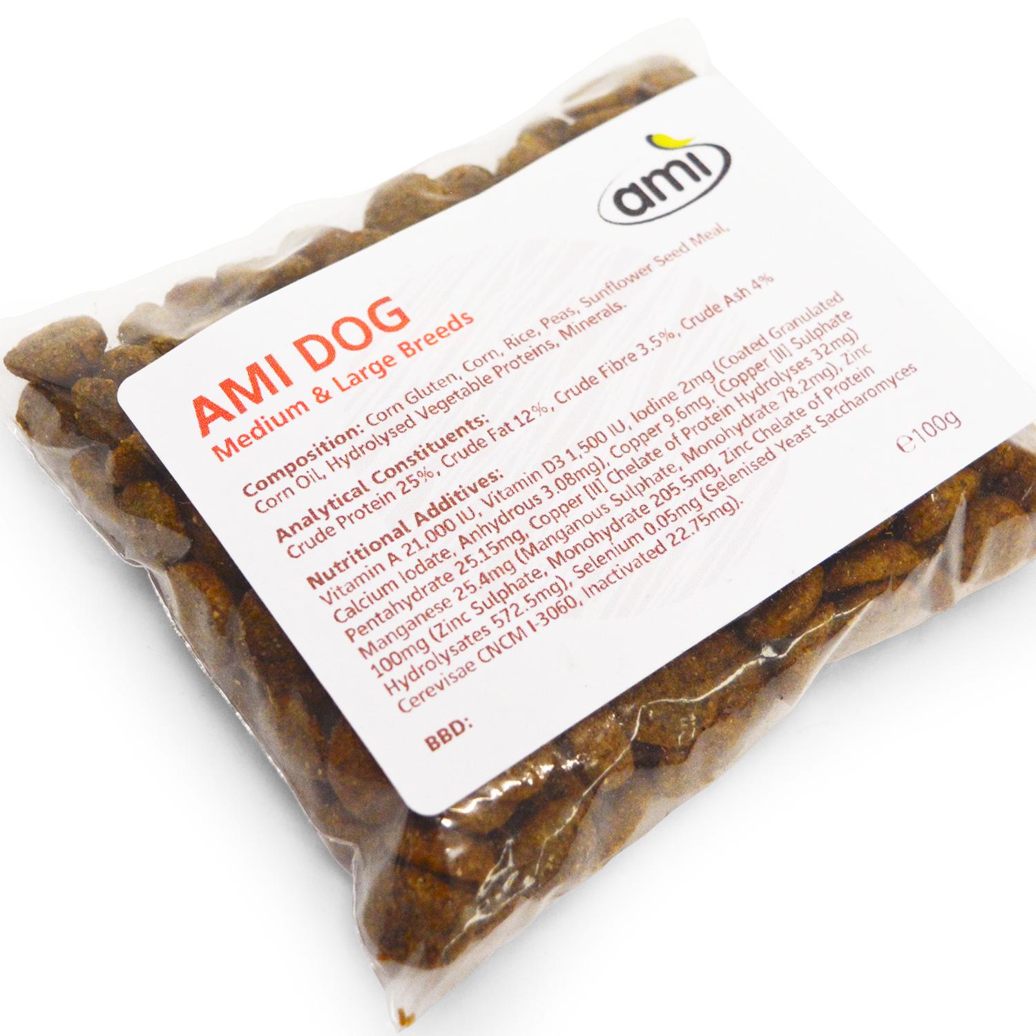 CLose up of a sample pack of Ami Vegan Dog Food