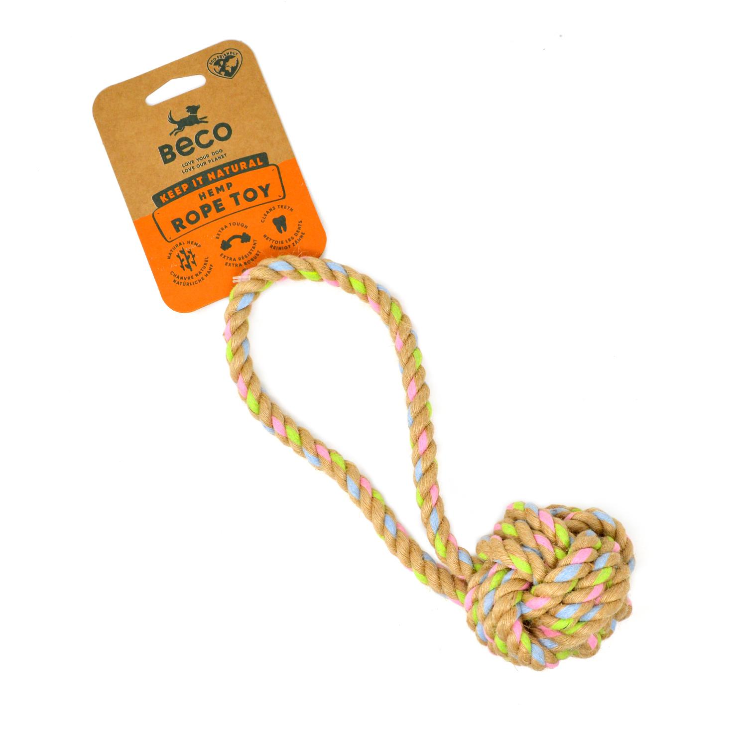 A medium Beco natural hemp rope ball with handle dog toy