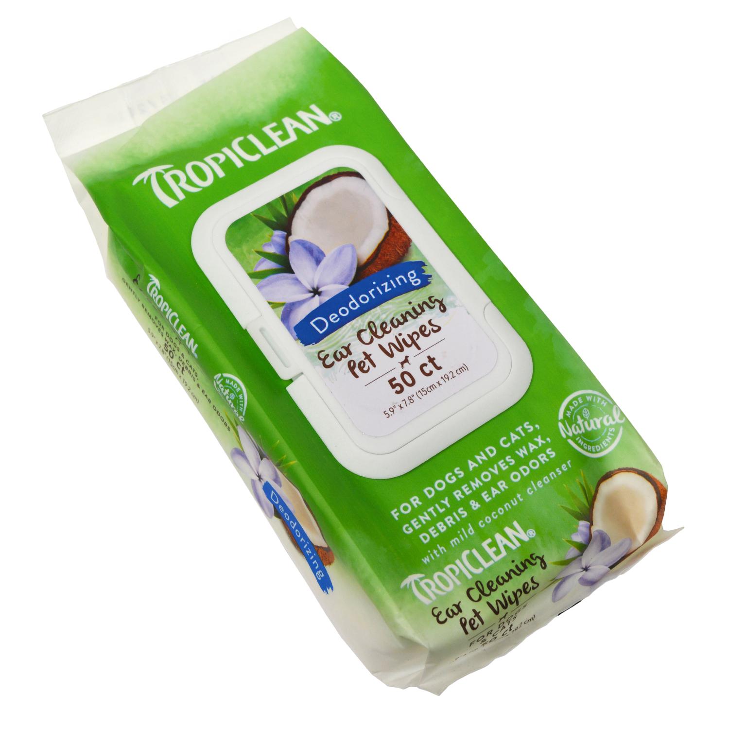 Front of a pack of  Tropiclean Deodorising ear cleaning pet wipes