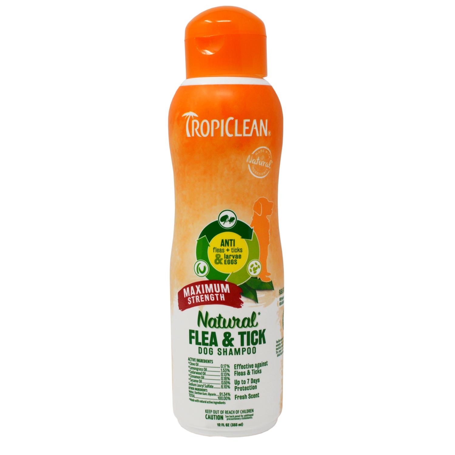 Front of a bottle of TropiClean Natural Flea and Tick Dog Shampoo