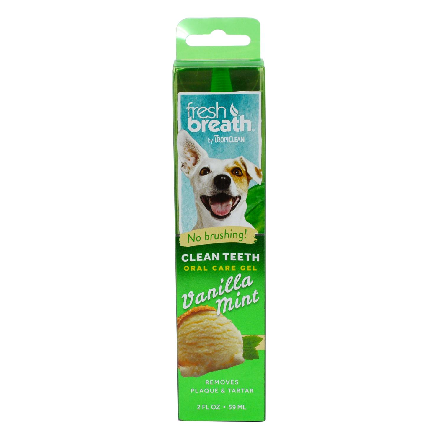 Front of a pack of TropiClean Vanilla Mint Flavoured Oral Care Gel for Dogs