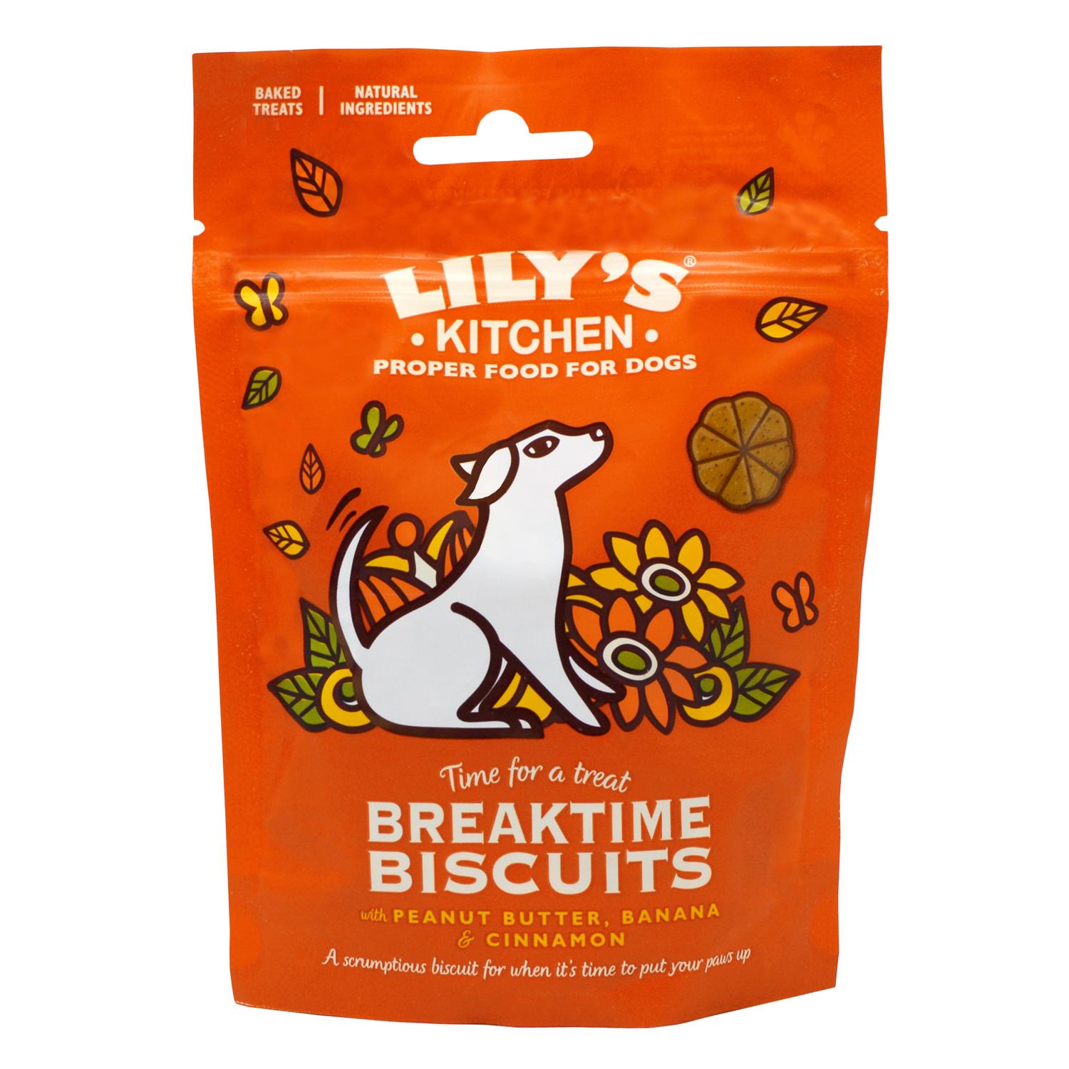 Front of a pack of Lily's Kitchen Breaktime Dog Biscuits