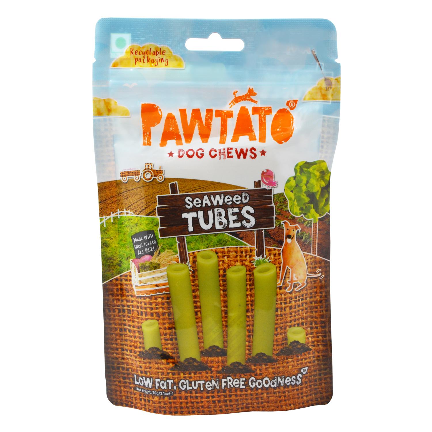 Front of a pack of Pawtato Seaweed Tubes Vegan Dog Chews