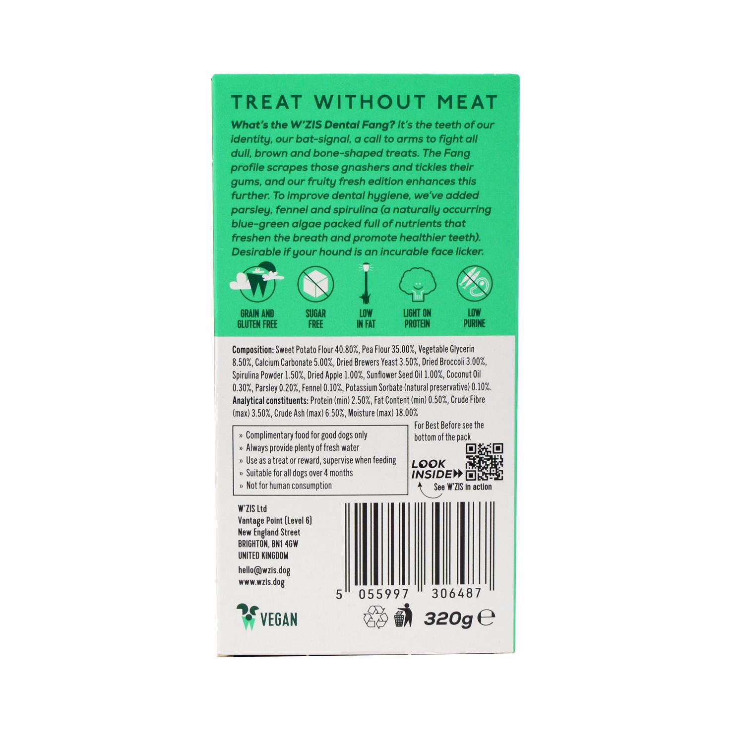 Back of a pack of Plant Based Fruity Flavoured 'Fang' Vegan Dog Chews from Wzis
