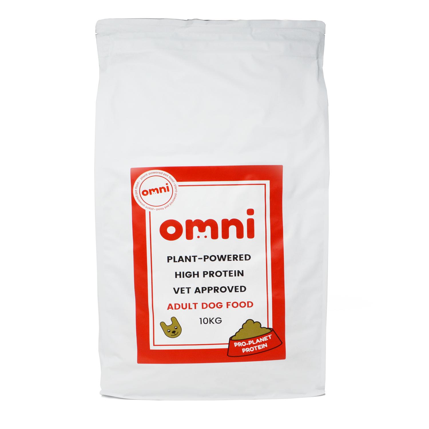 Front of a 10kg bag of Omni pet plant based dog food