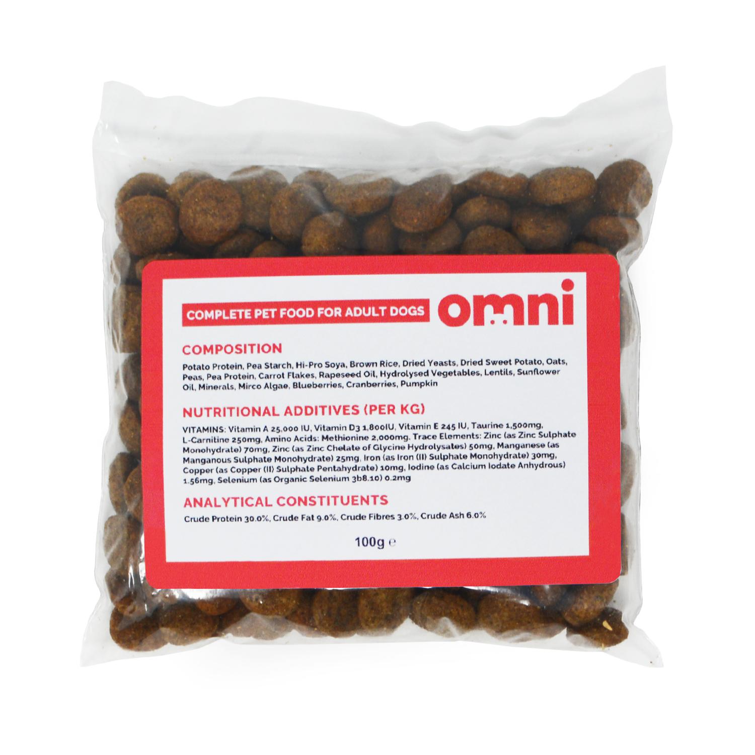 Front of a sample pack of Omni plant based adult dog food