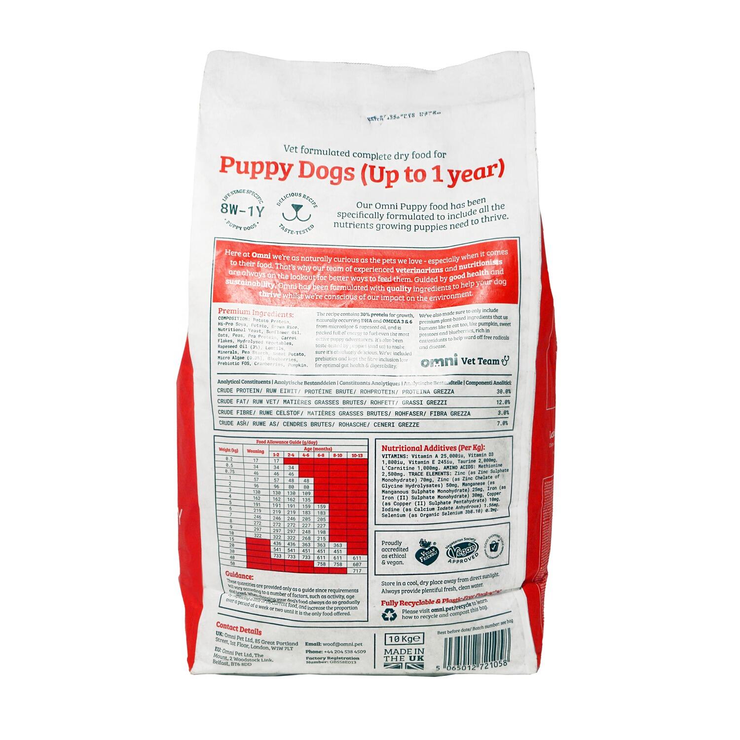Back of a 6kg bag of Omni Complete plant based puppy food